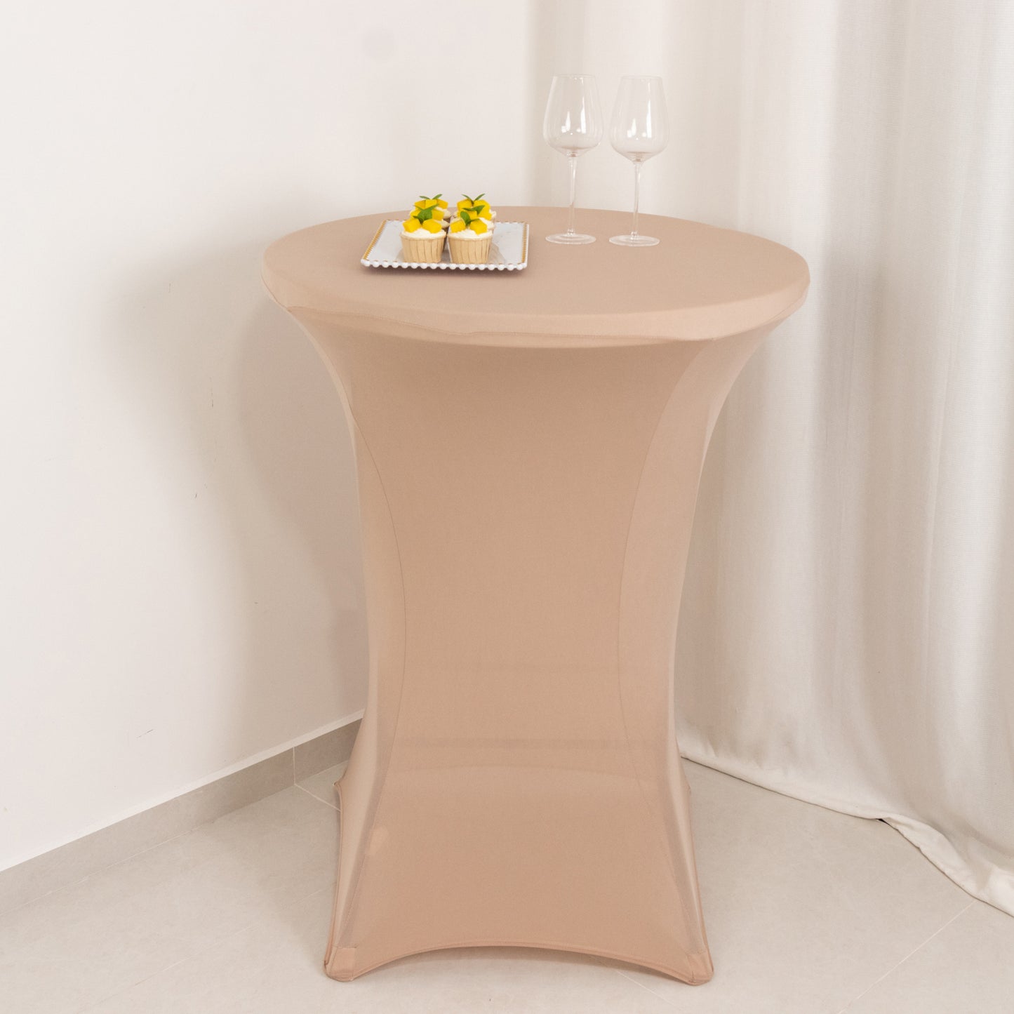 Nude highboy spandex cocktail table cover for 30" high top tables.