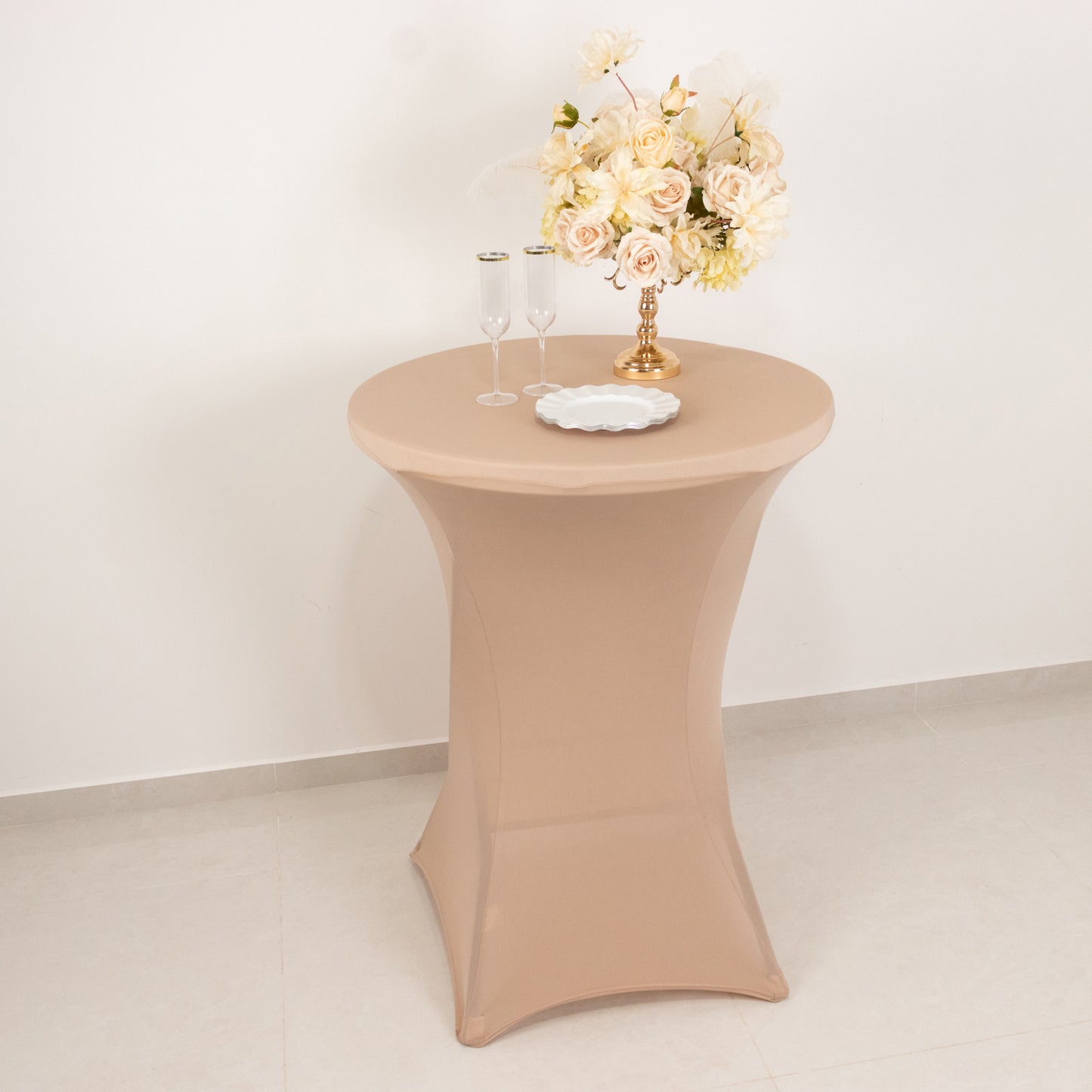 Nude highboy spandex cocktail table cover for 30" high top tables.