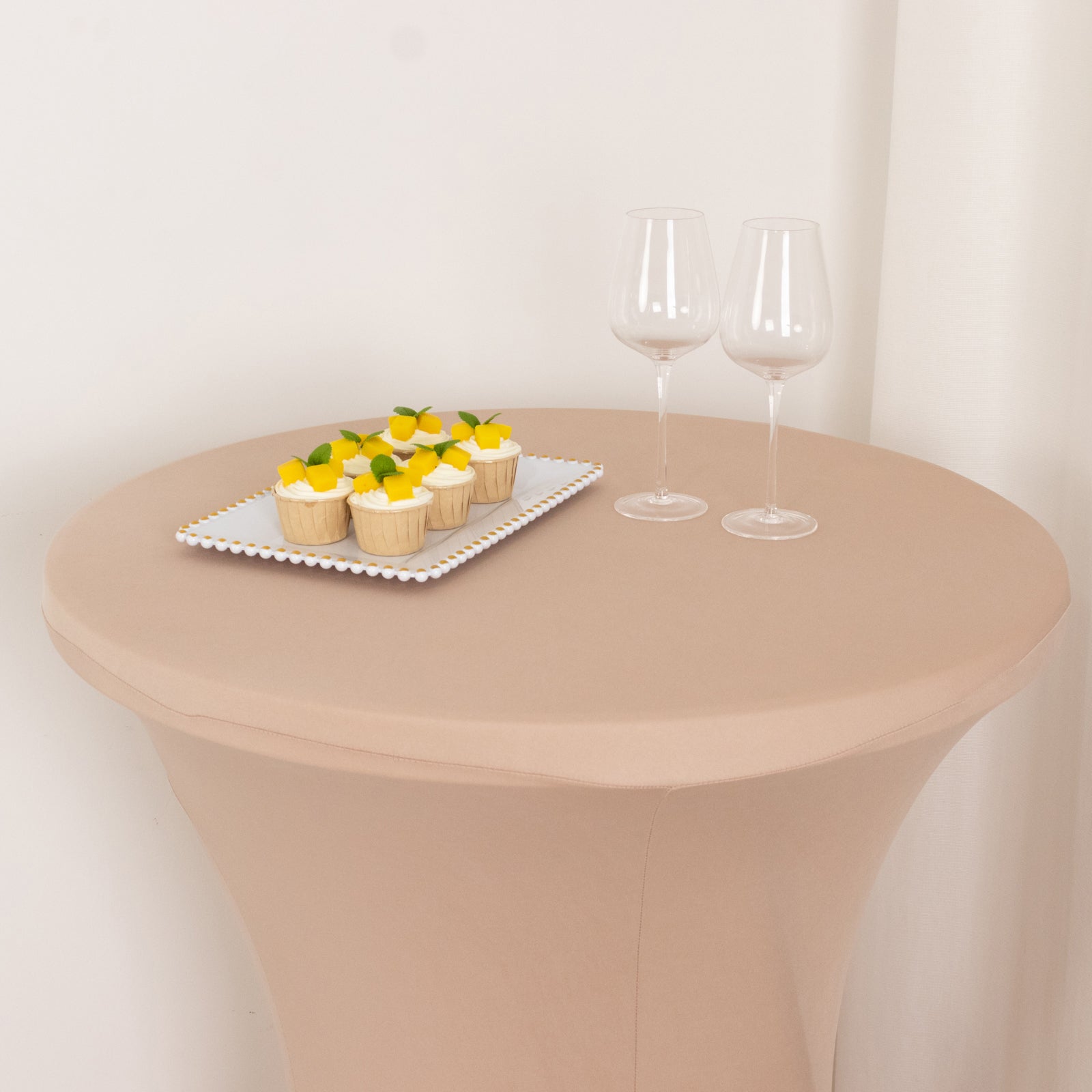Nude spandex cocktail table cover for 30" high top tables.