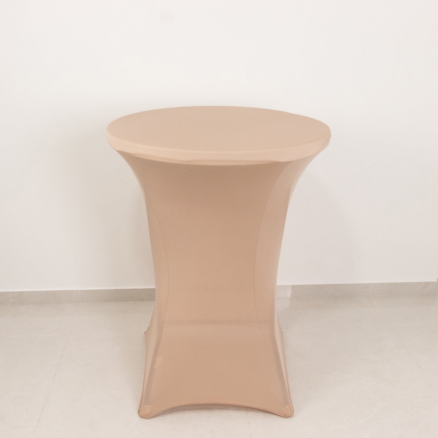 Nude fitted spandex cocktail table cover for 30" high top tables.