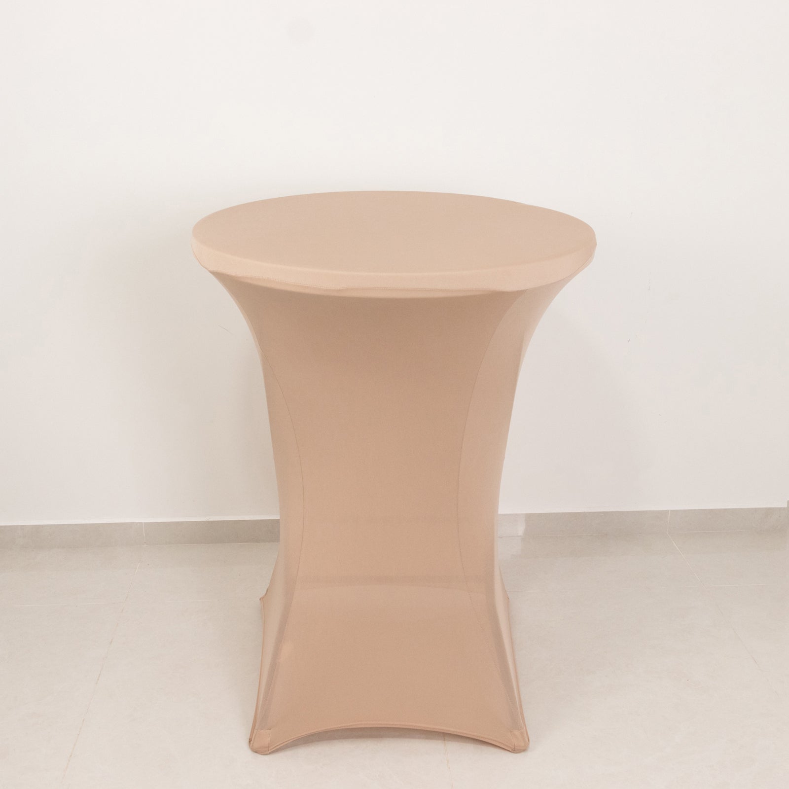 Nude fitted spandex cocktail table cover for 30" high top tables.