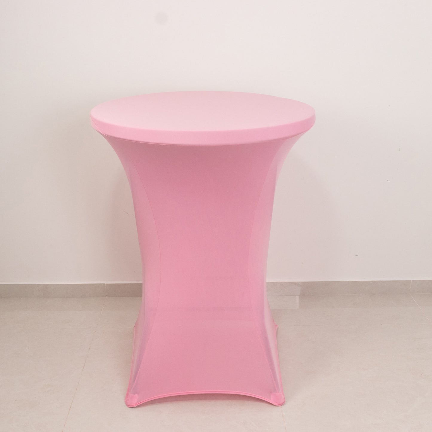 Pink fitted stretch tablecloth for 30" high top tables.