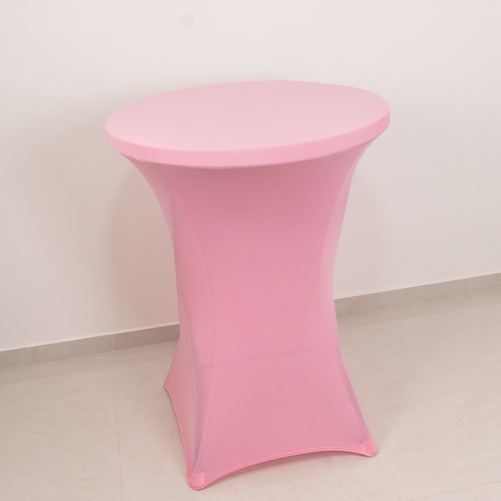 Pink highboy spandex cocktail table cover for 30" dia high top tables.