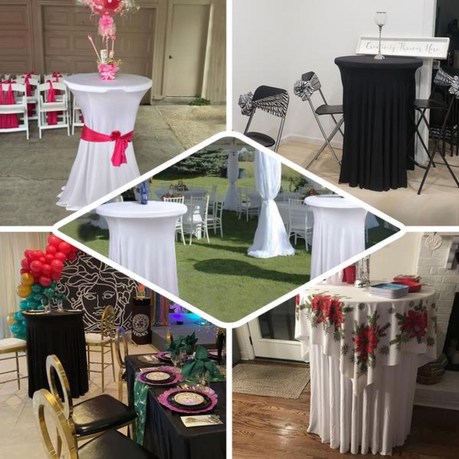 Emerald green spandex cocktail table cover with wavy drapes.