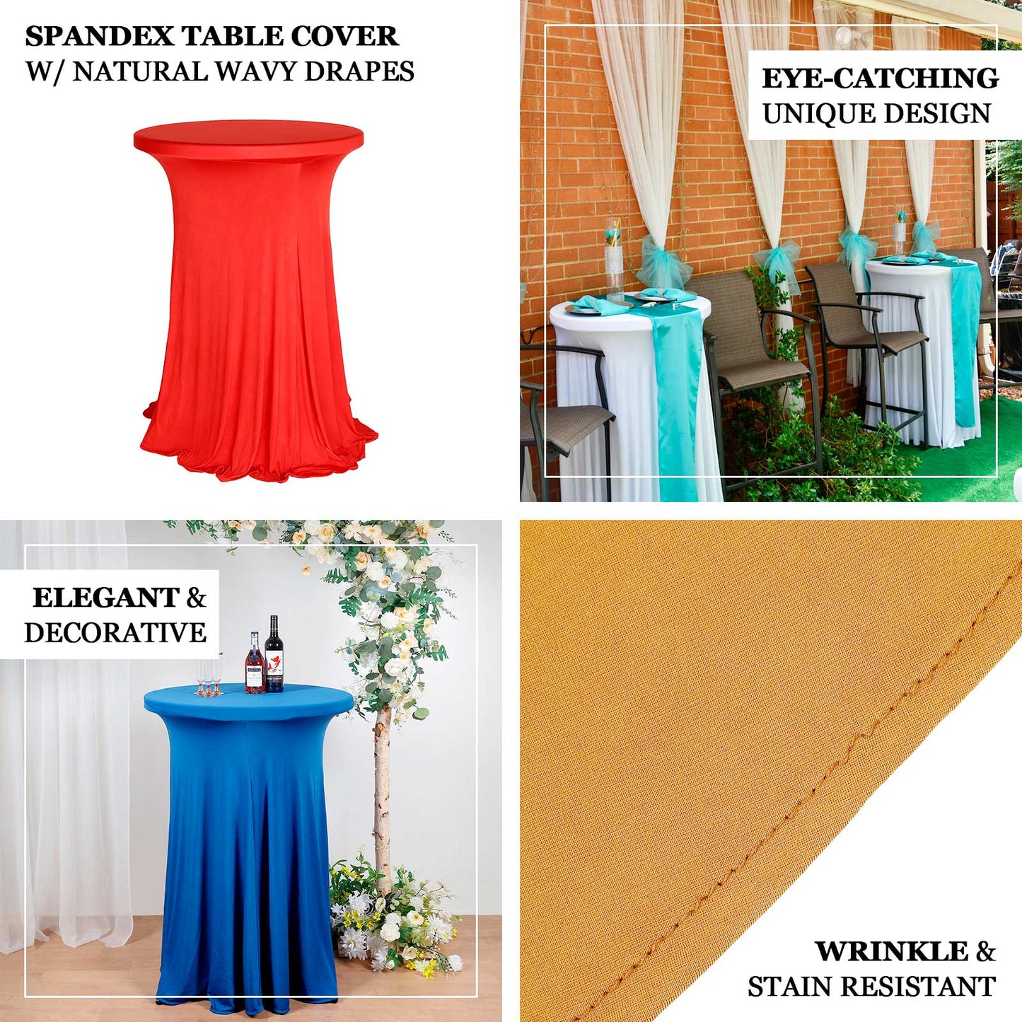 Red Spandex Round Cocktail Table Cover with Natural Wavy Drapes