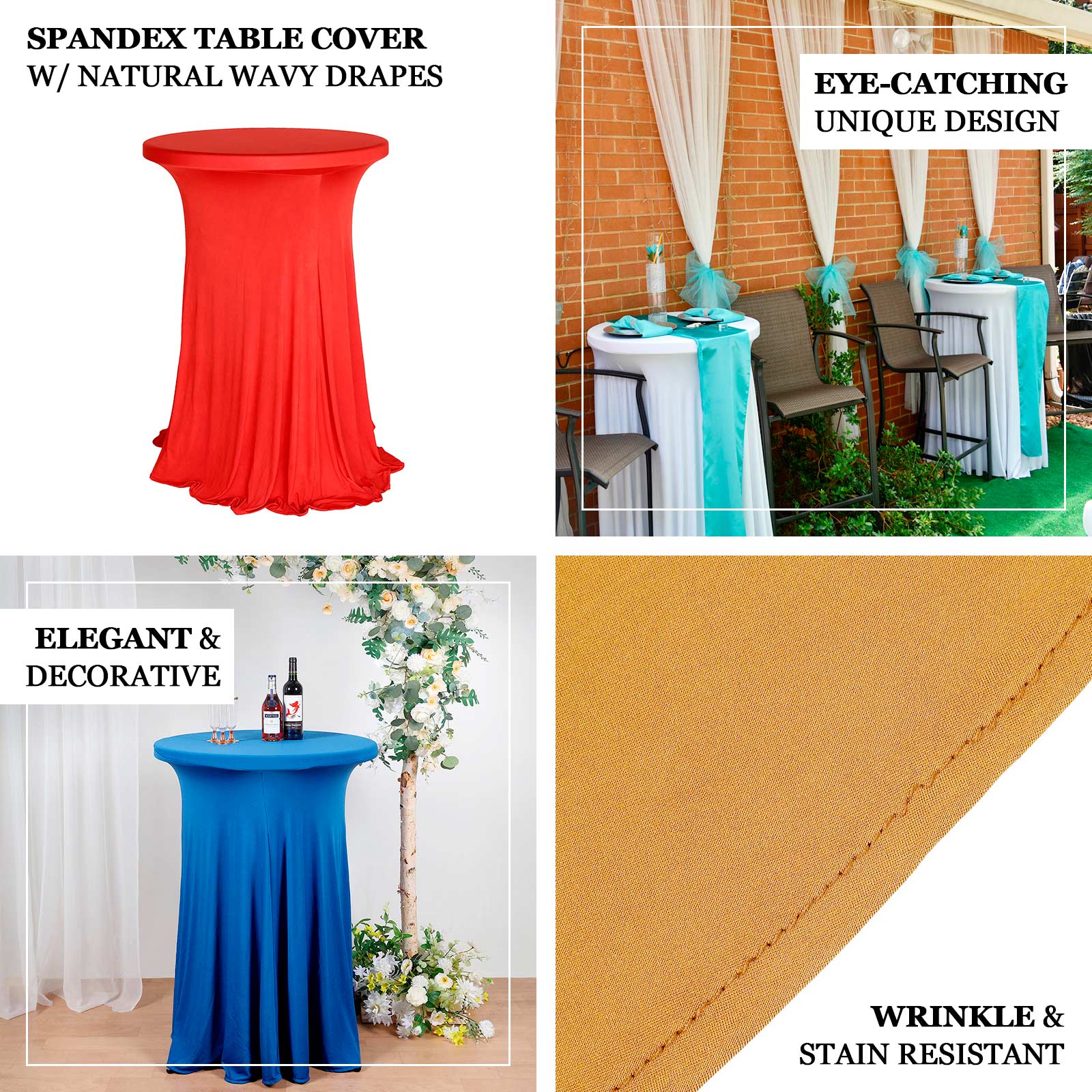 Red Spandex Round Cocktail Table Cover with Natural Wavy Drapes