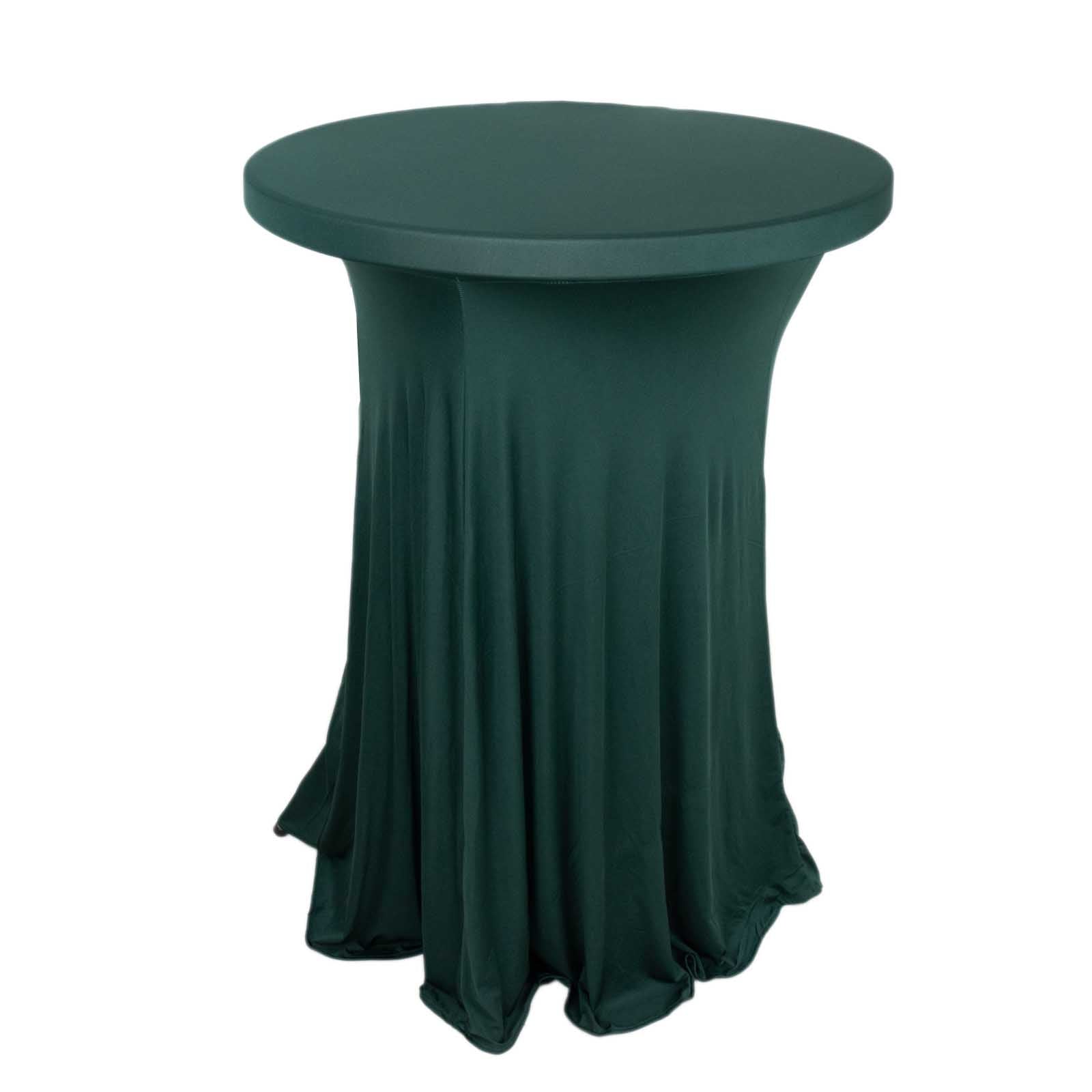 Hunter emerald green cocktail table cover with natural wavy drapes.