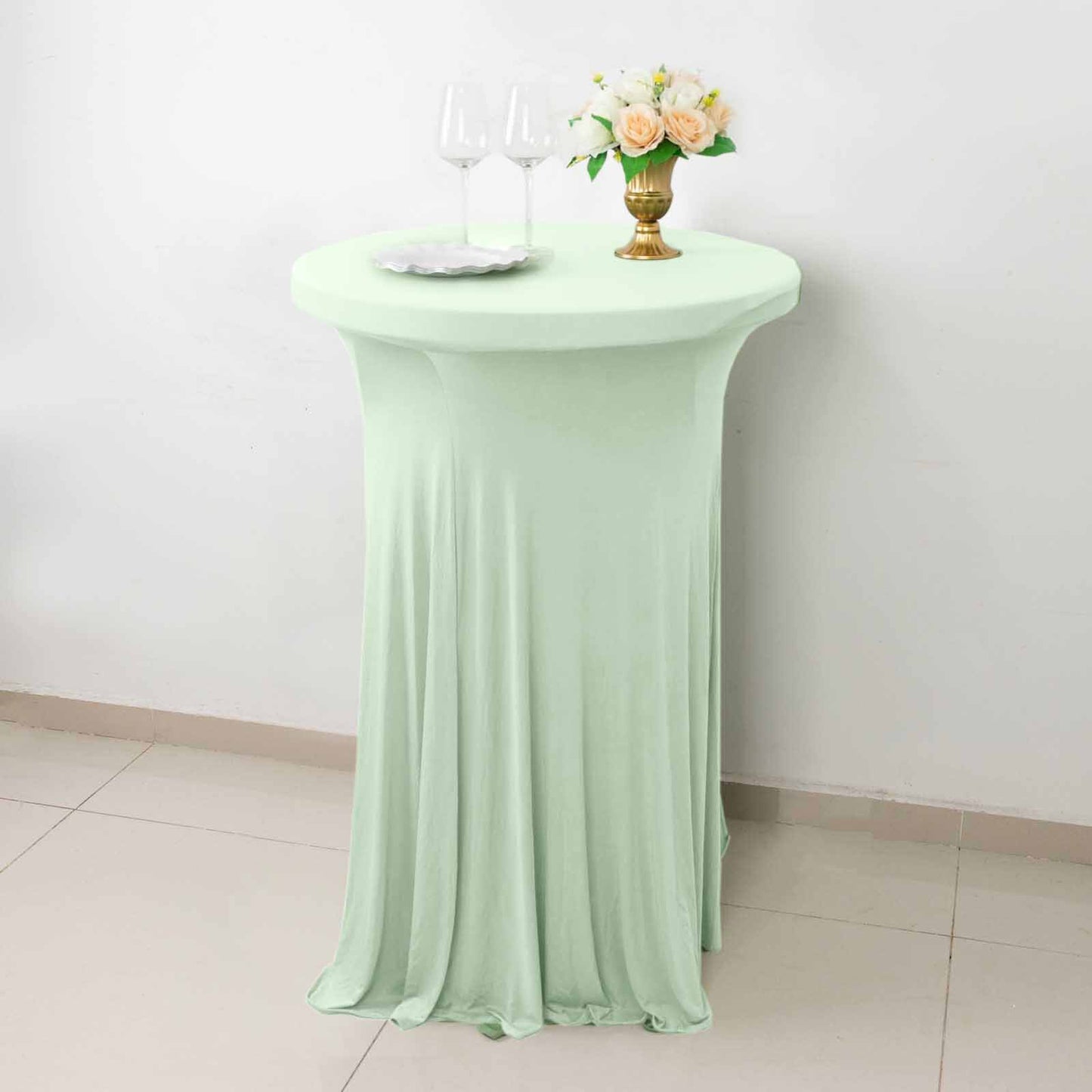 Sage Green Round Heavy Duty Spandex Cocktail Table Cover With Wavy Drapes