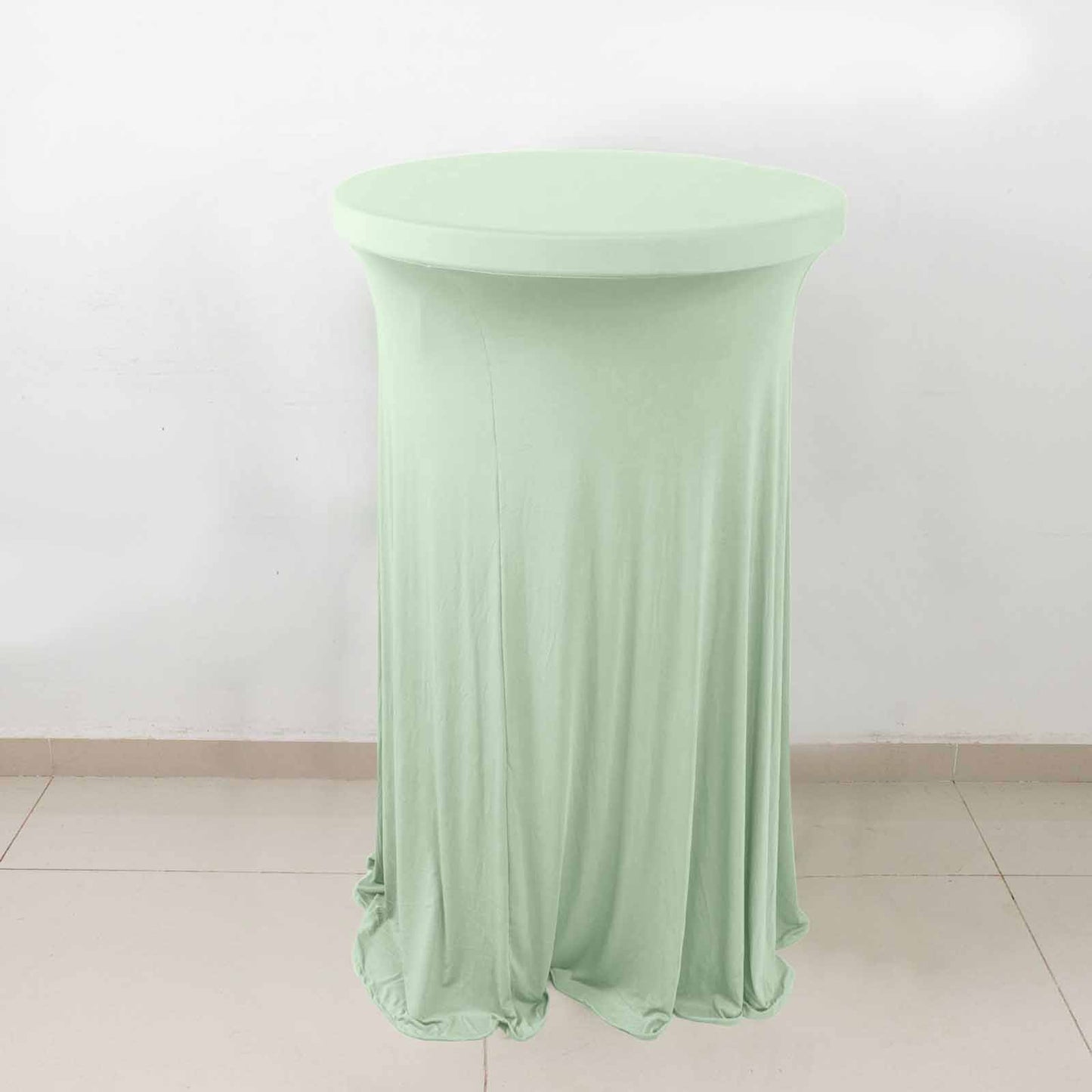 Sage Green Round Heavy Duty Spandex Cocktail Table Cover With Wavy Drapes