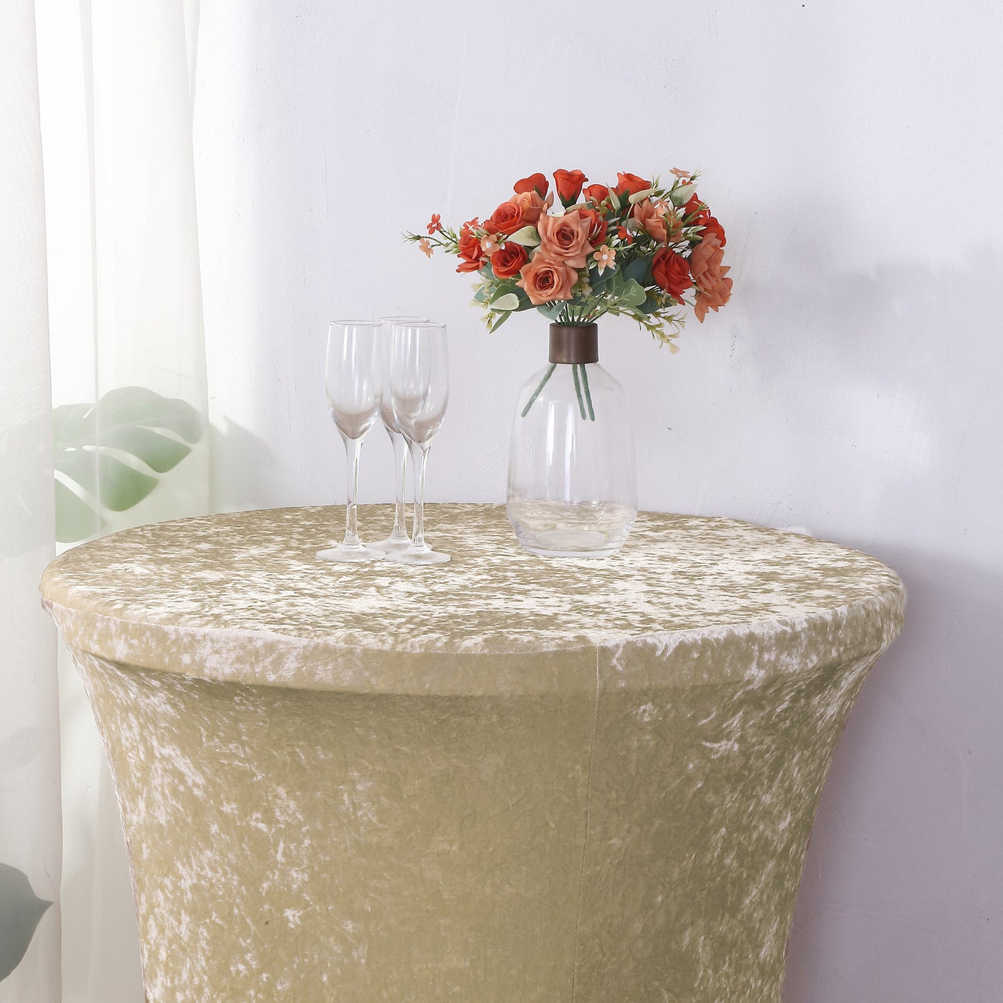 Crushed Velvet Spandex 30" Round Cocktail Table Cover Beige Smooth Highboy Tablecloth