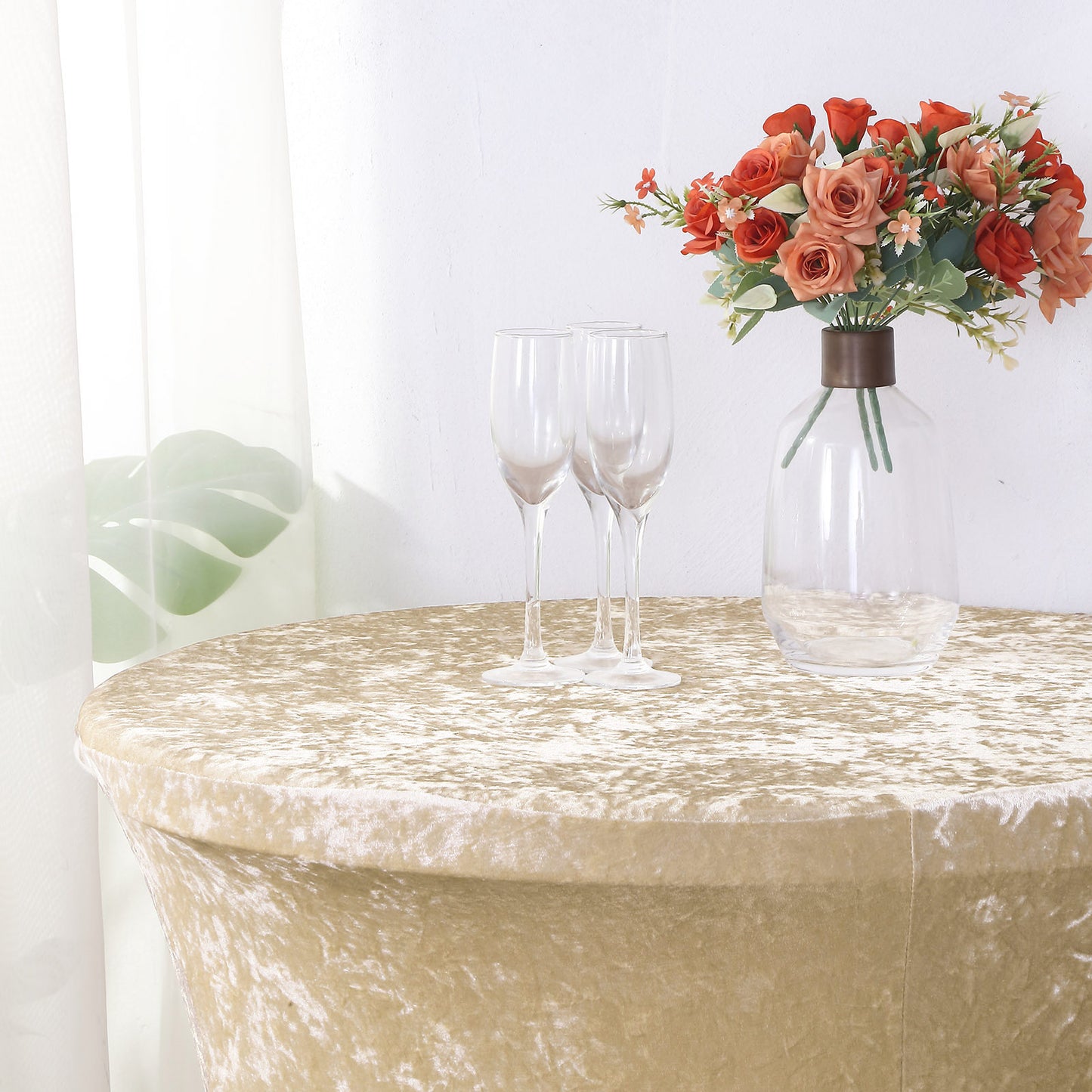 Crushed Velvet Spandex 30" Round Cocktail Table Cover Beige Smooth Highboy Tablecloth