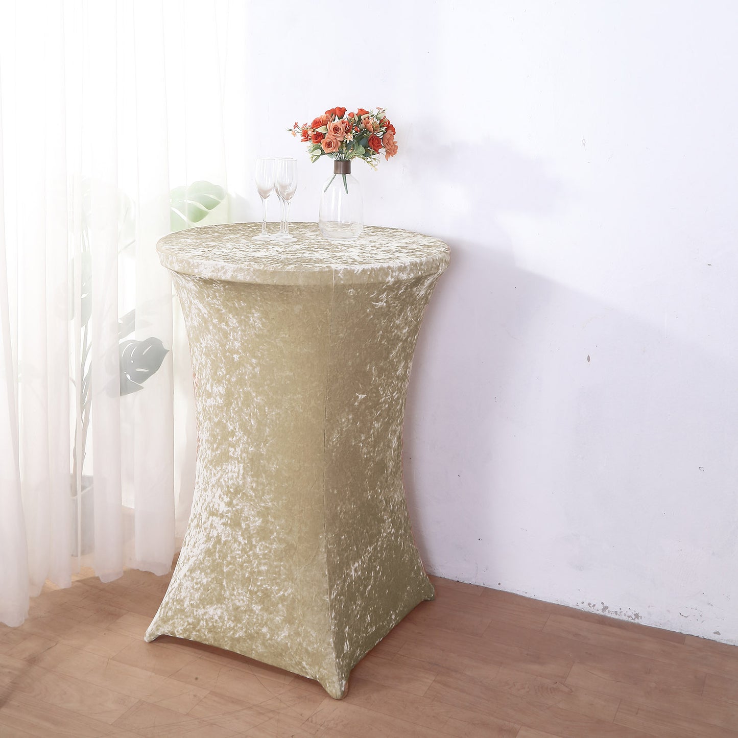 Crushed Velvet Spandex 30" Round Cocktail Table Cover Beige Smooth Highboy Tablecloth