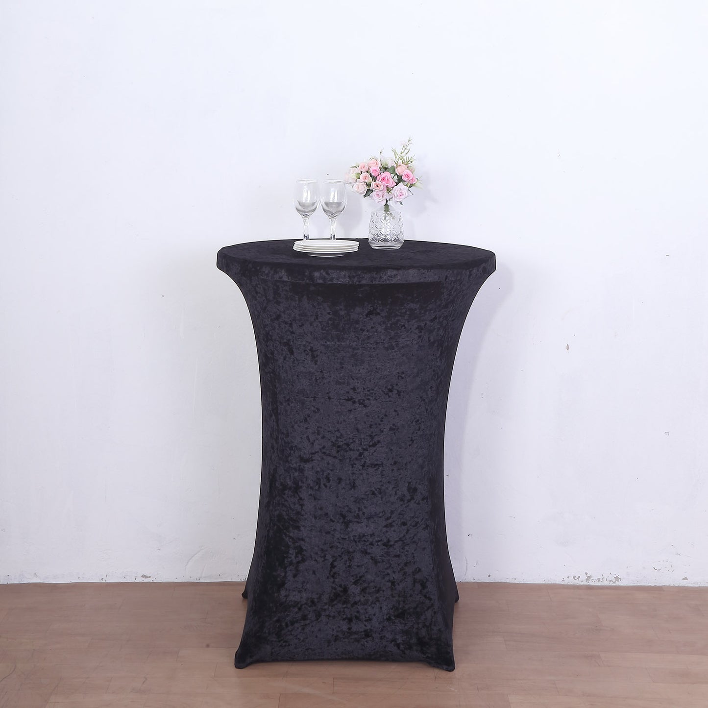 Crushed Velvet Spandex 30" Round Cocktail Table Cover Black Smooth Highboy Tablecloth
