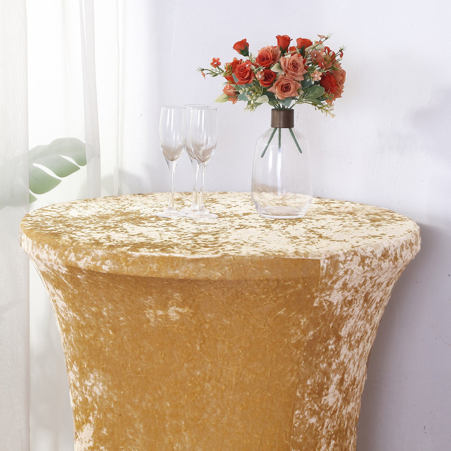 Crushed Velvet Spandex 30" Round Cocktail Table Cover Champagne Smooth Highboy Tablecloth