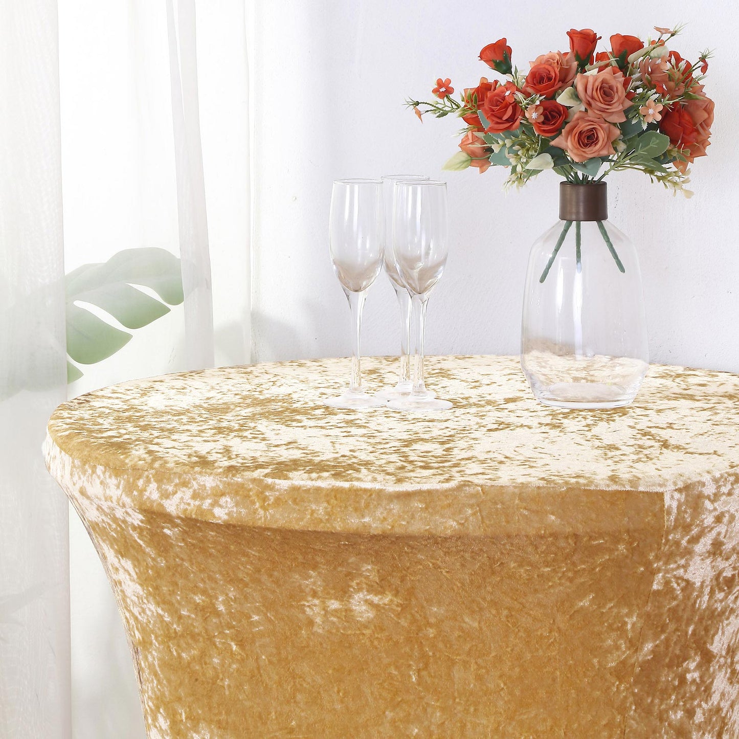 Crushed Velvet Spandex 30" Round Cocktail Table Cover Champagne Smooth Highboy Tablecloth