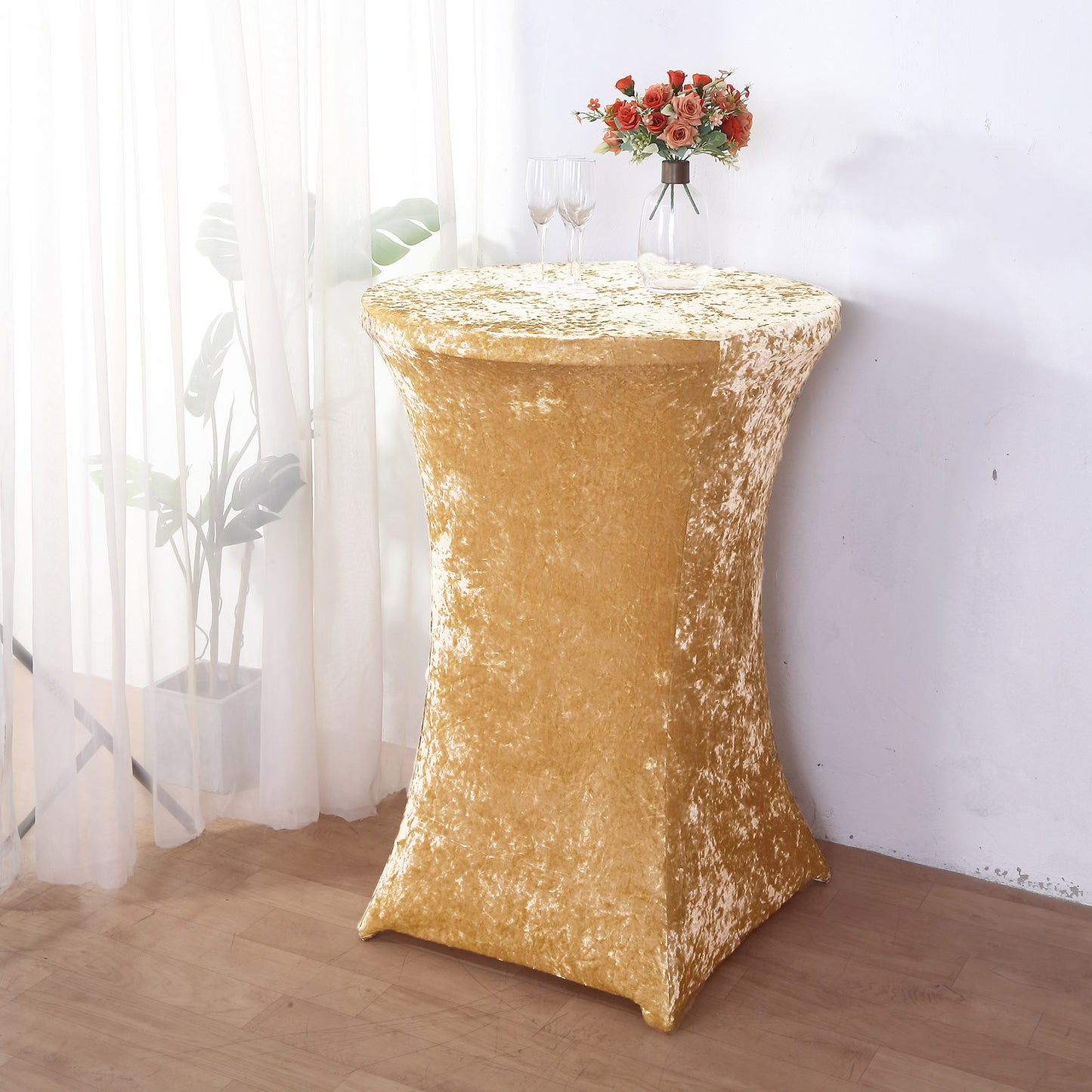 Crushed Velvet Spandex 30" Round Cocktail Table Cover Champagne Smooth Highboy Tablecloth