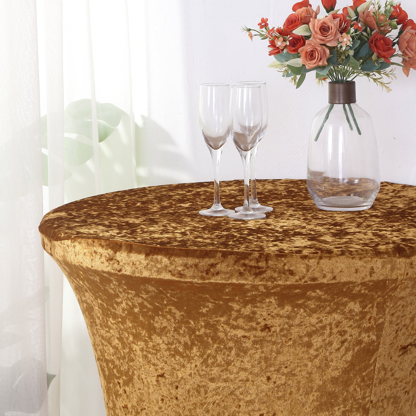 Crushed Velvet Spandex 30" Round Cocktail Table Cover Gold Smooth Highboy Tablecloth