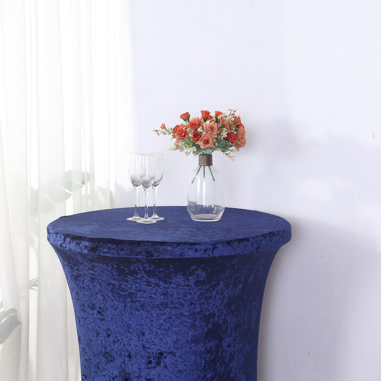 Crushed Velvet Spandex 30" Round Cocktail Table Cover Navy Blue Smooth Highboy Tablecloth