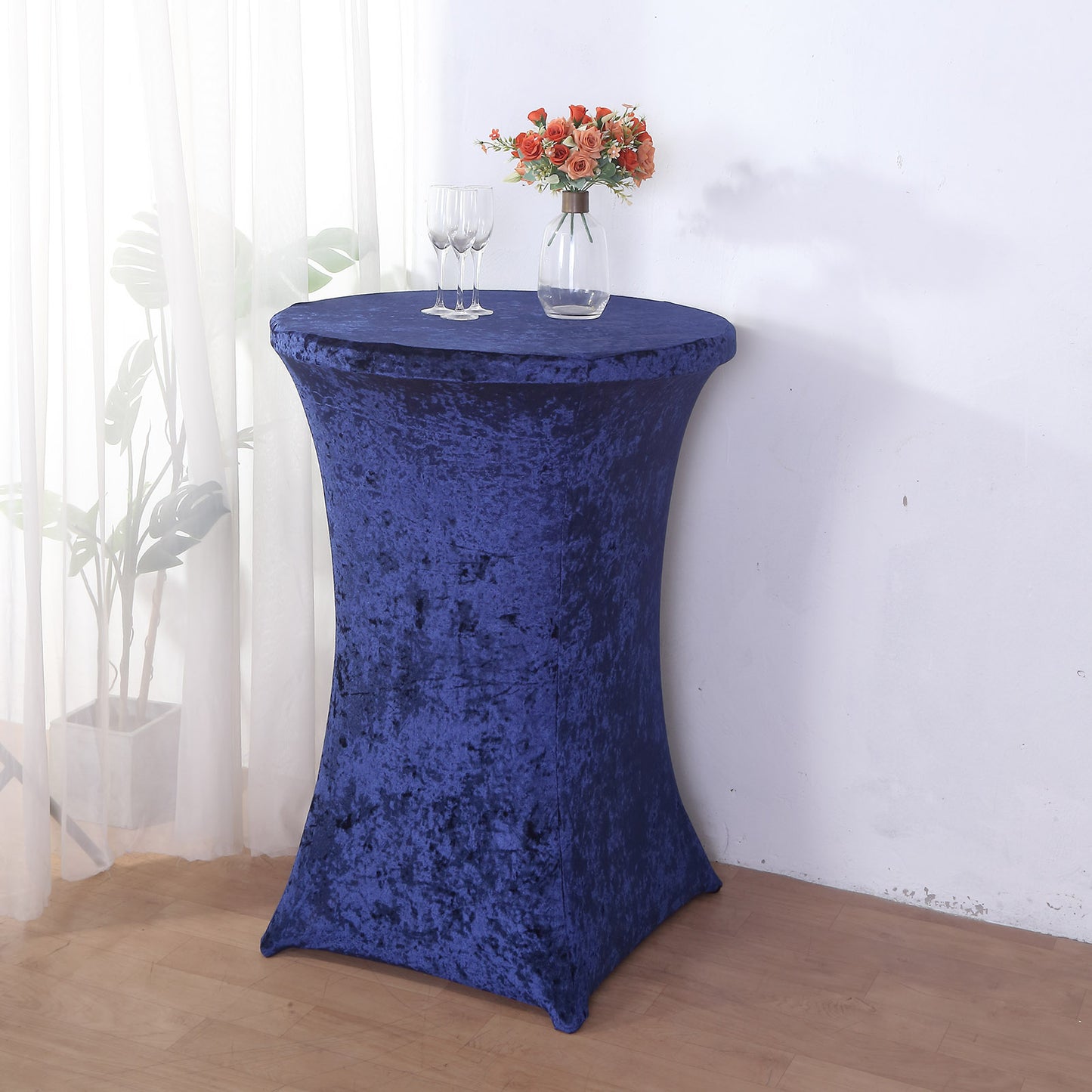Crushed Velvet Spandex 30" Round Cocktail Table Cover Navy Blue Smooth Highboy Tablecloth