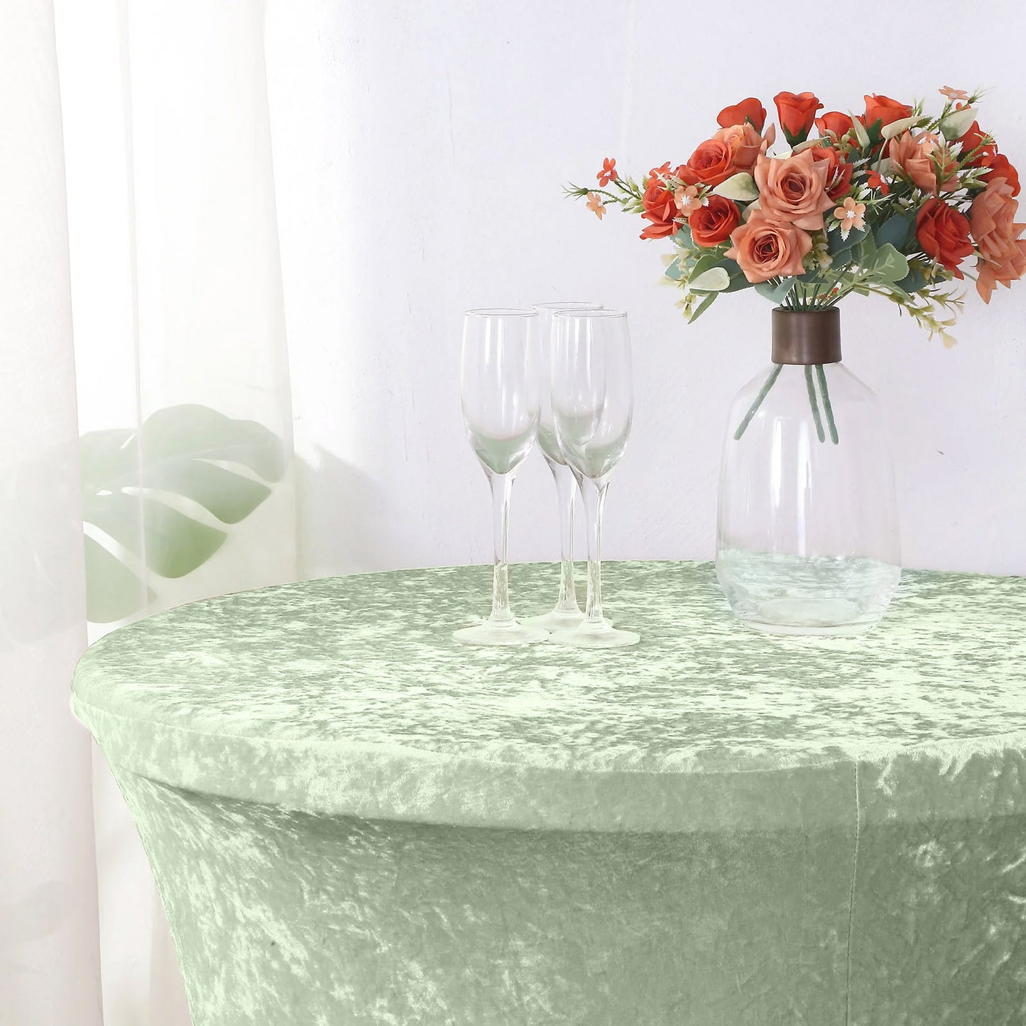 Crushed Velvet Spandex 30" Round Cocktail Table Cover Sage Green Smooth Highboy Tablecloth