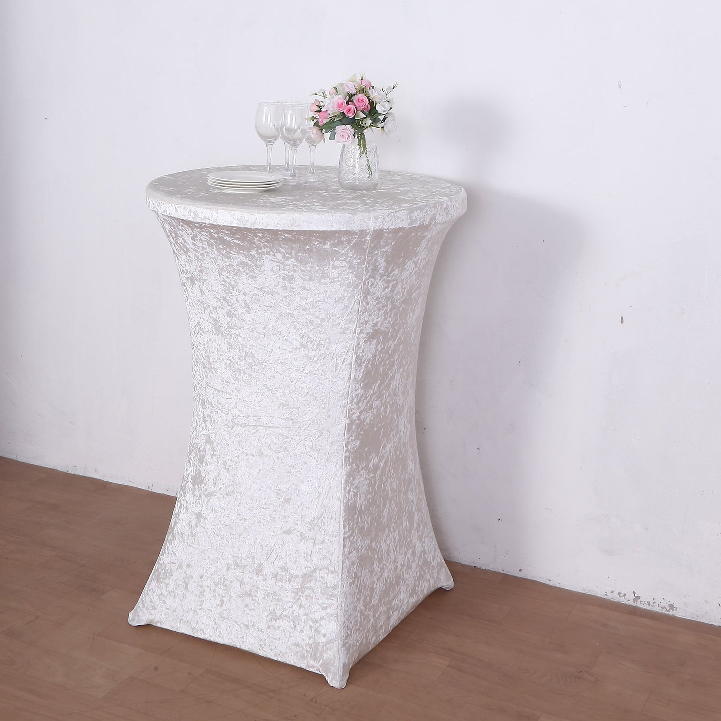 Crushed Velvet Spandex 30" Round Cocktail Table Cover White Smooth Highboy Tablecloth