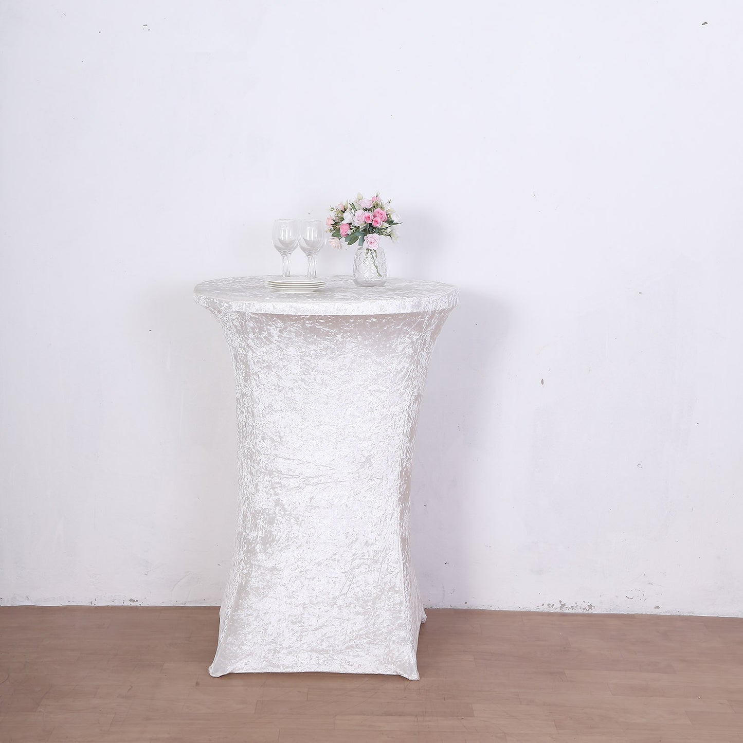 Crushed Velvet Spandex 30" Round Cocktail Table Cover White Smooth Highboy Tablecloth