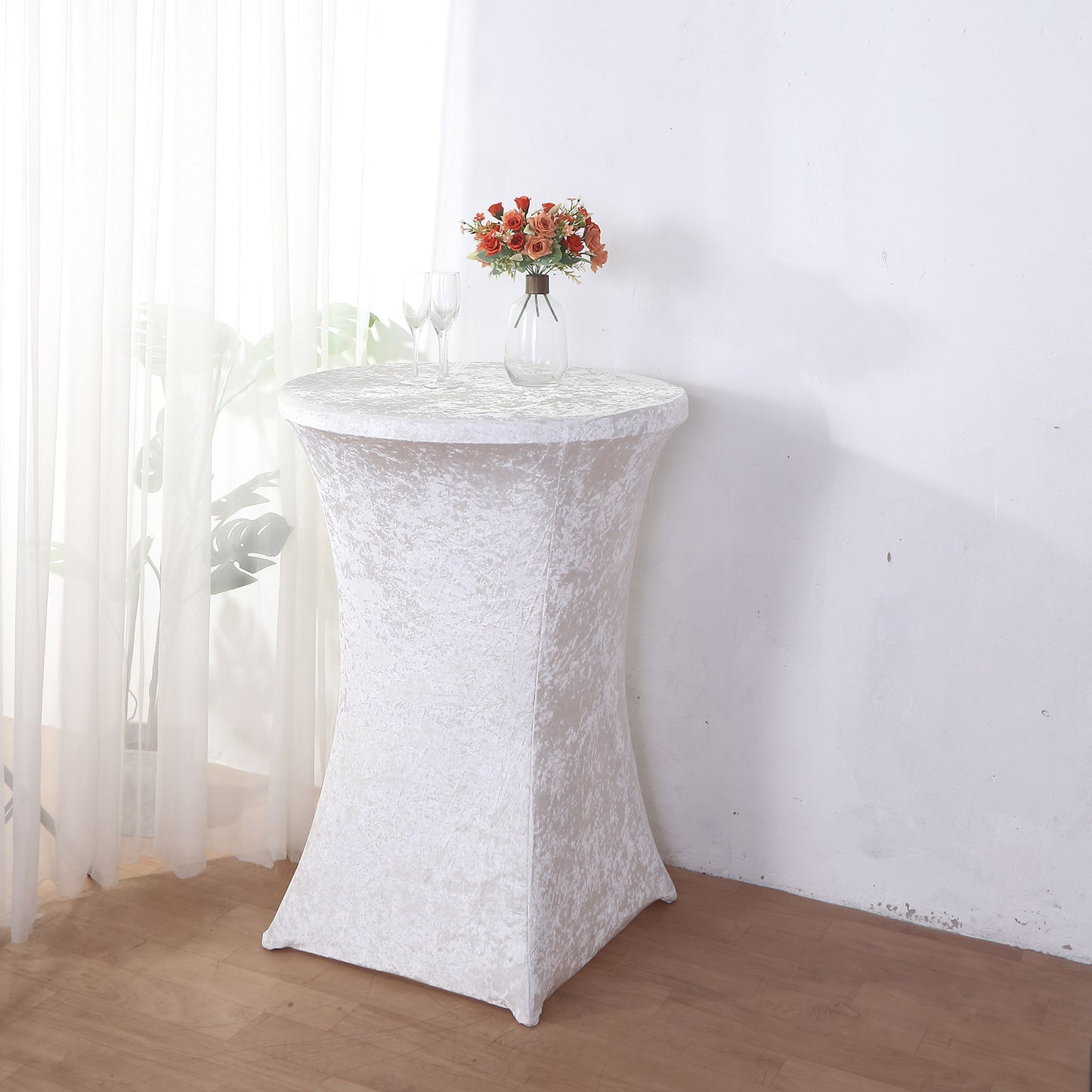 Crushed Velvet Spandex 30" Round Cocktail Table Cover White Smooth Highboy Tablecloth