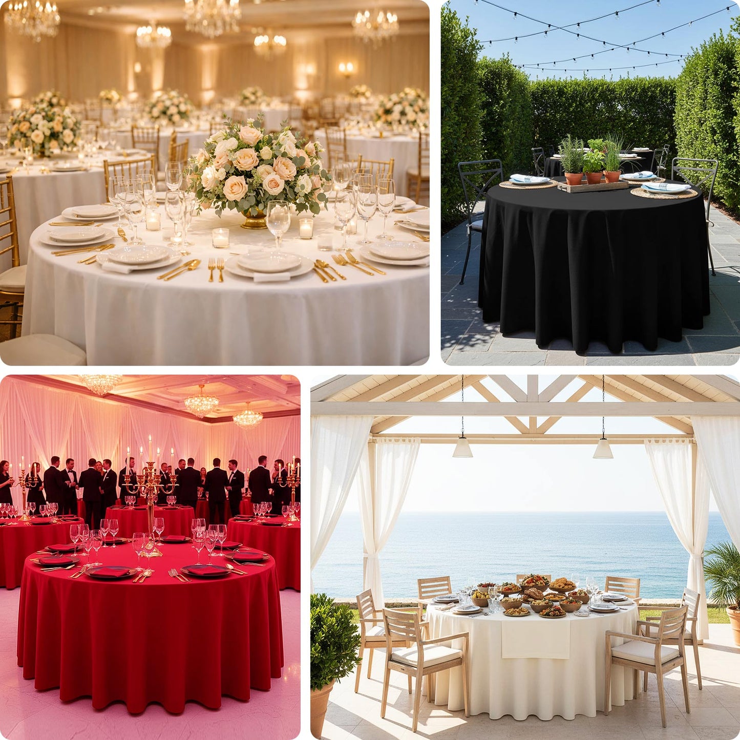 108" white cotton blend round tablecloth on a round table.