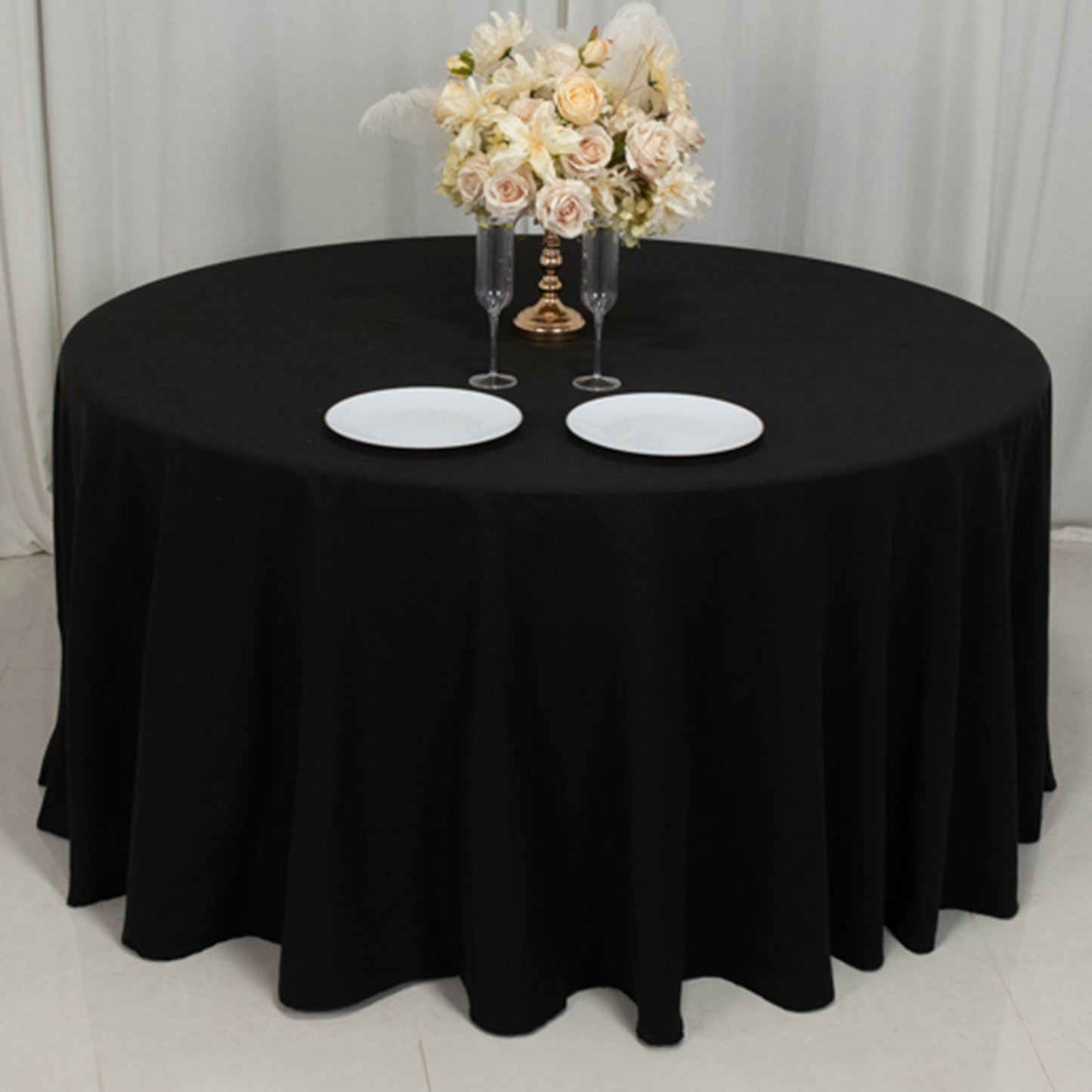 120" Black Cotton Blend Round Tablecloth Seamless for 5 Foot Table With Floor-Length Drop
