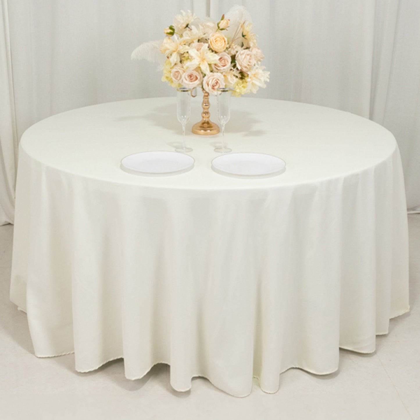 120" Ivory Cotton Blend Round Tablecloth Seamless for 5 Foot Table With Floor-Length Drop