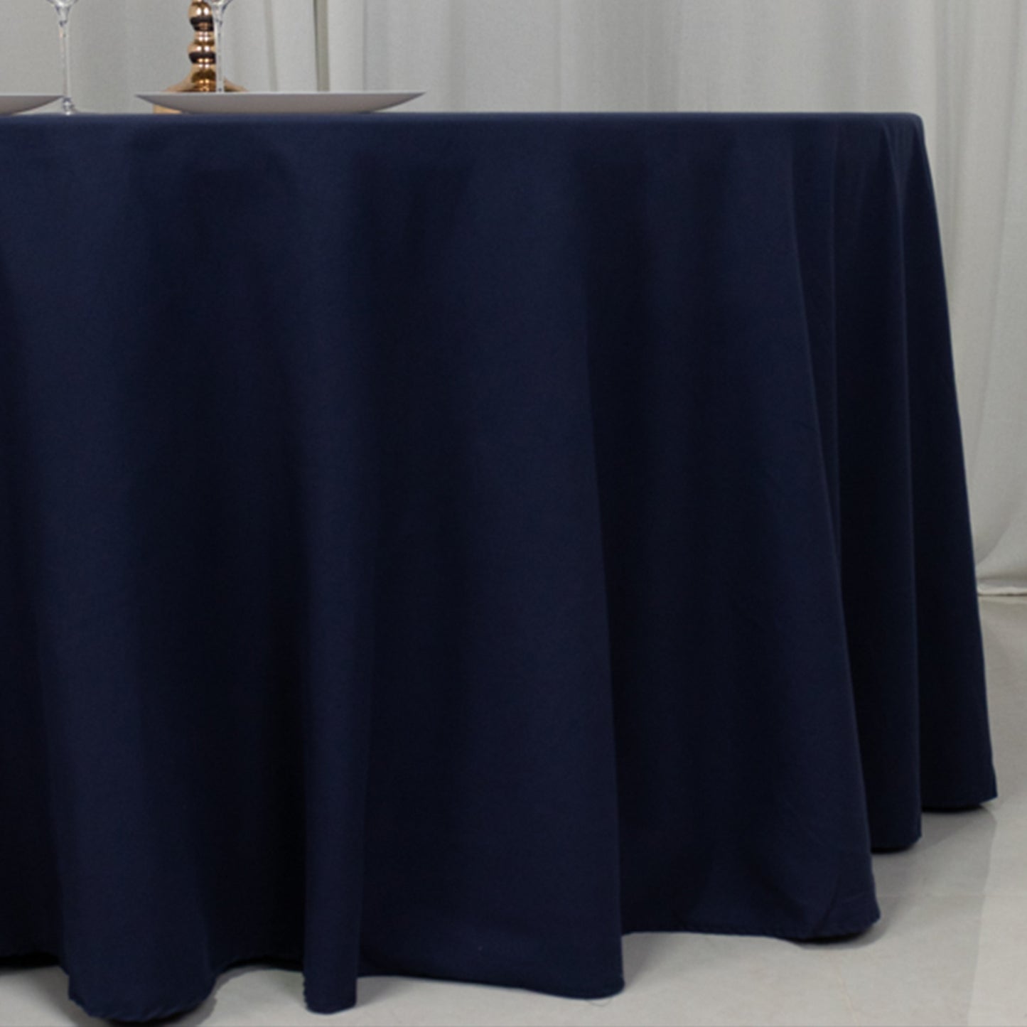 120" Navy Blue Cotton Blend Round Tablecloth Seamless for 5 Foot Table With Floor-Length Drop