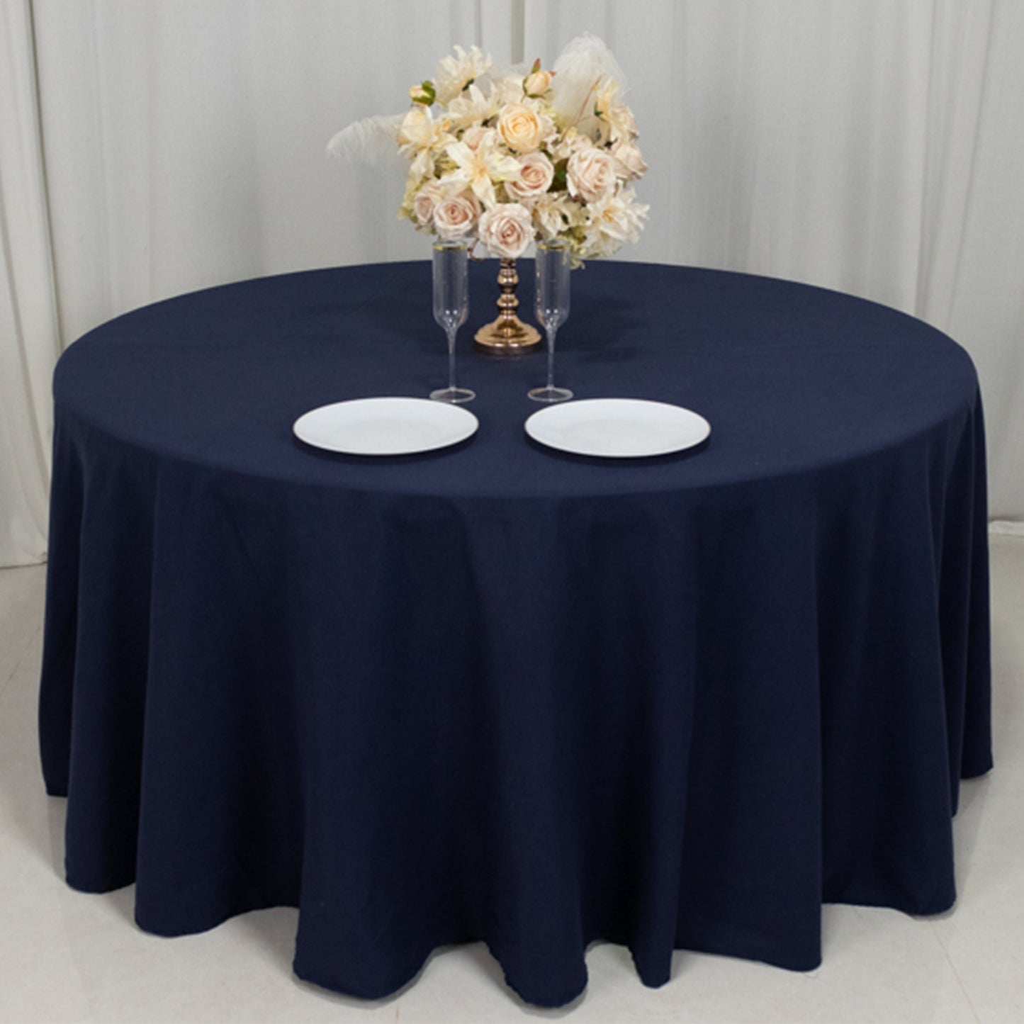 120" Navy Blue Cotton Blend Round Tablecloth Seamless for 5 Foot Table With Floor-Length Drop