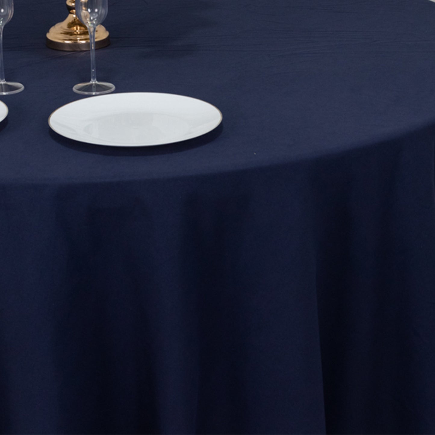 120" Navy Blue Cotton Blend Round Tablecloth Seamless for 5 Foot Table With Floor-Length Drop