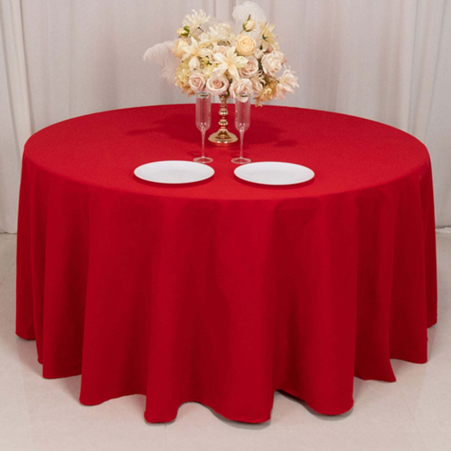 120" Red Cotton Blend Round Tablecloth Seamless for 5 Foot Table With Floor-Length Drop