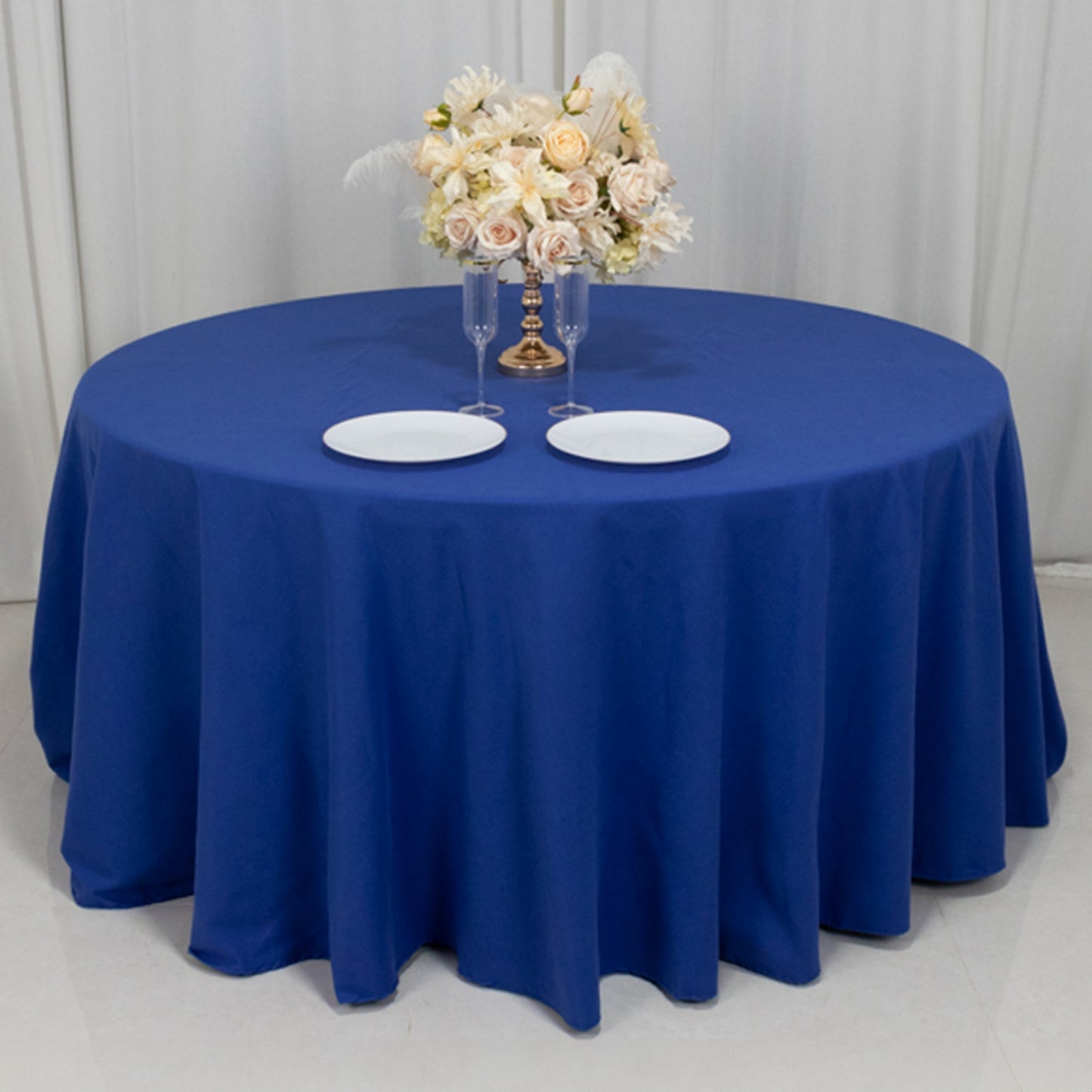 120" Royal Blue Cotton Blend Round Tablecloth Seamless for 5 Foot Table With Floor-Length Drop