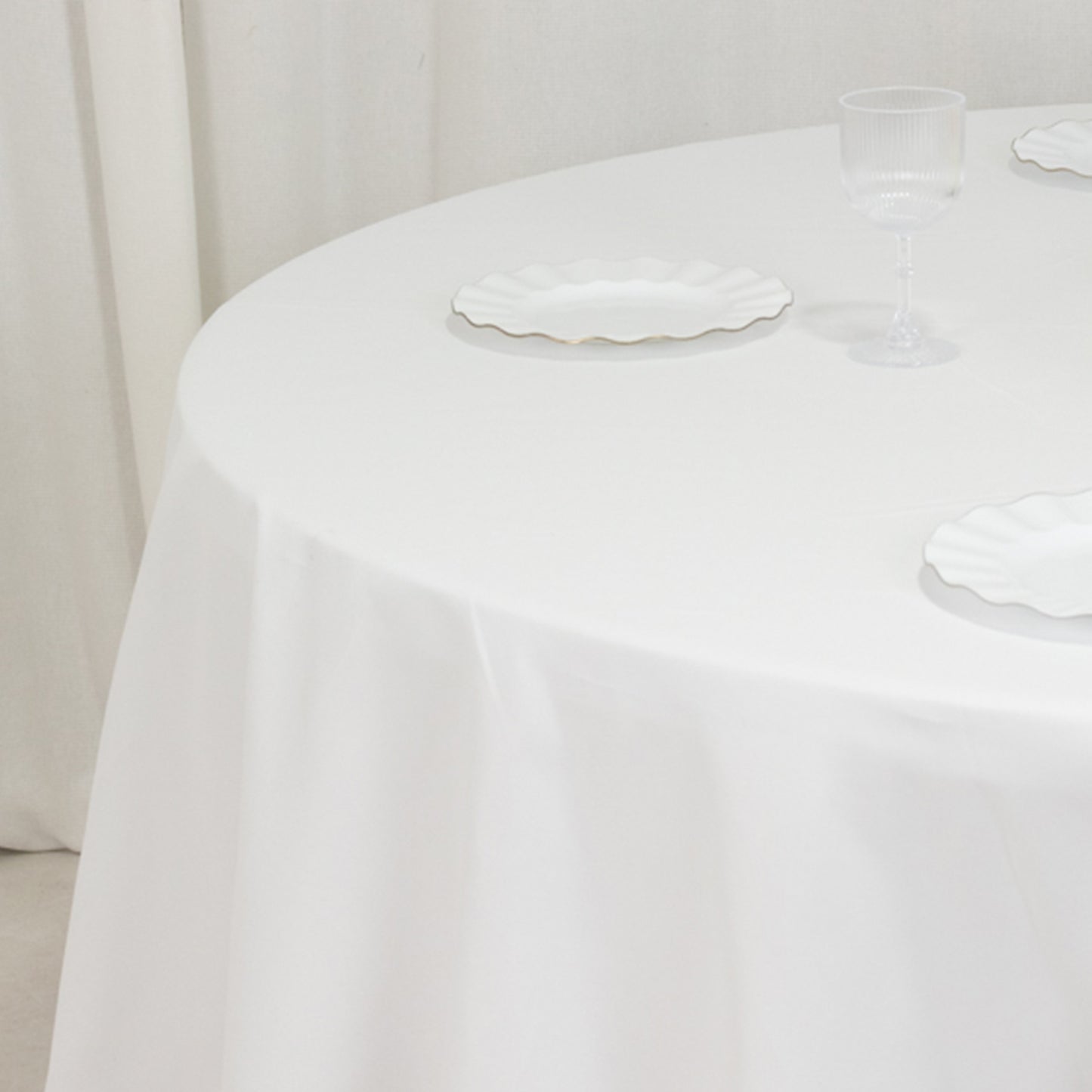 120" White Cotton Blend Round Tablecloth Seamless for 5 Foot Table With Floor-Length Drop