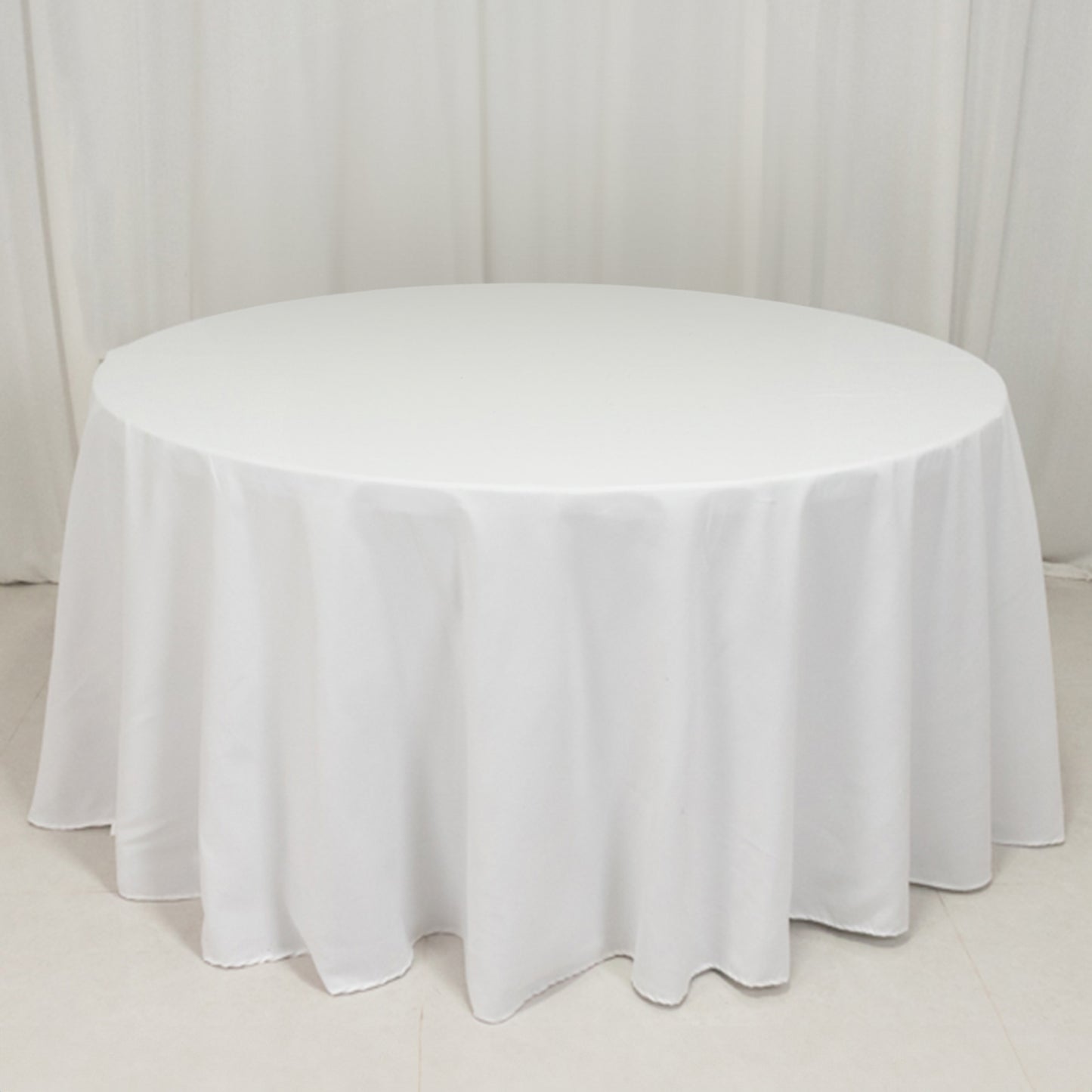 120" White Cotton Blend Round Tablecloth Seamless for 5 Foot Table With Floor-Length Drop