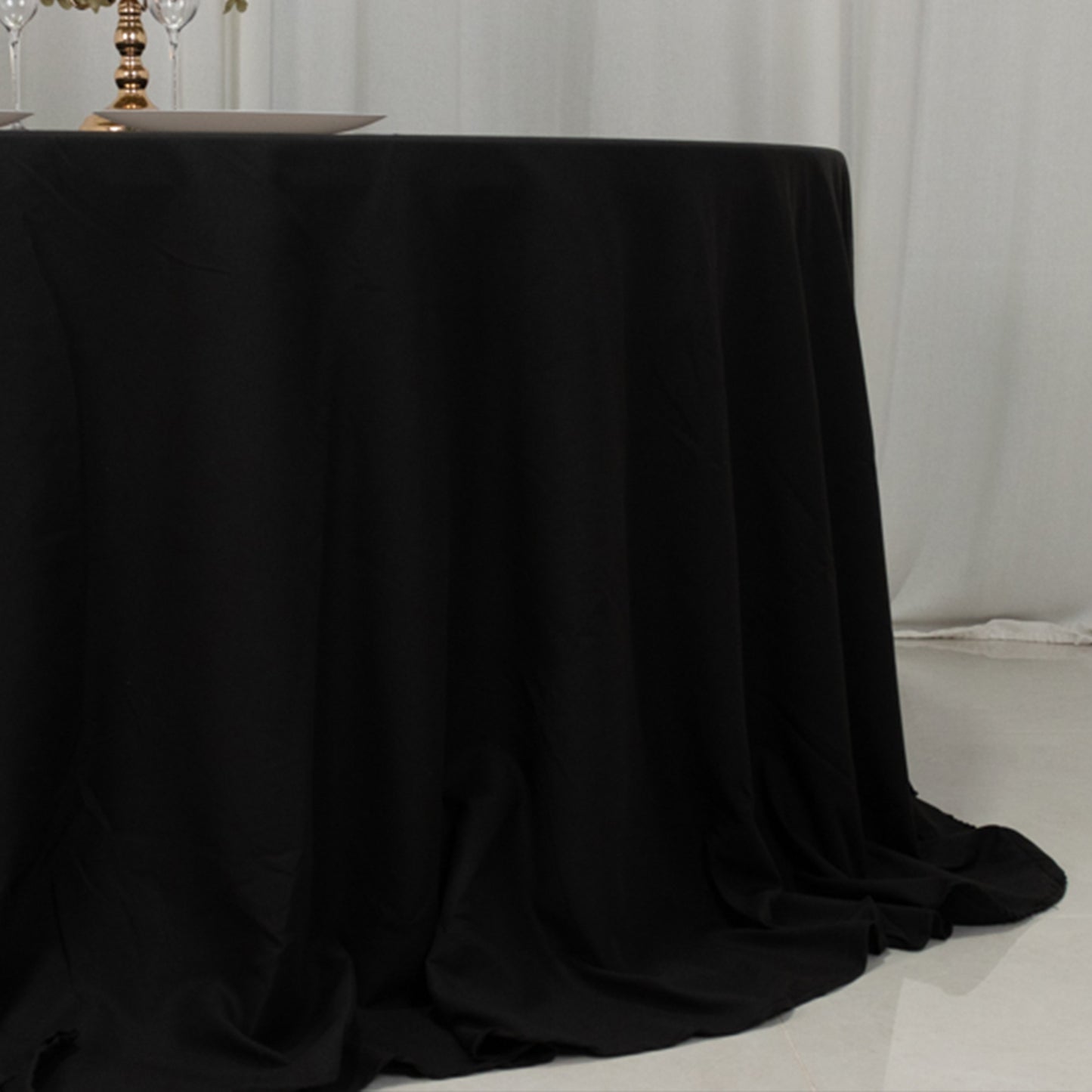 132" Black Cotton Blend Round Tablecloth Seamless for 6 Foot Table With Floor-Length Drop