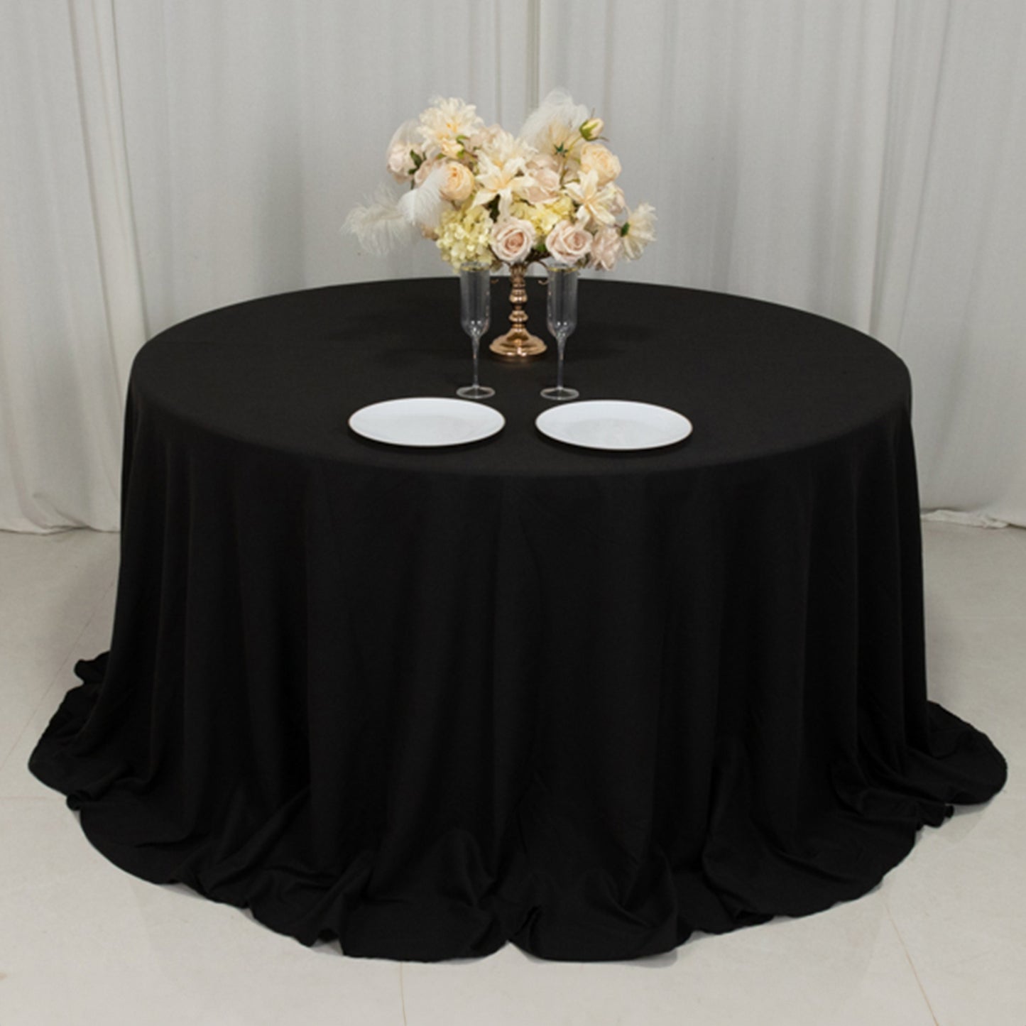 132" Black Cotton Blend Round Tablecloth Seamless for 6 Foot Table With Floor-Length Drop