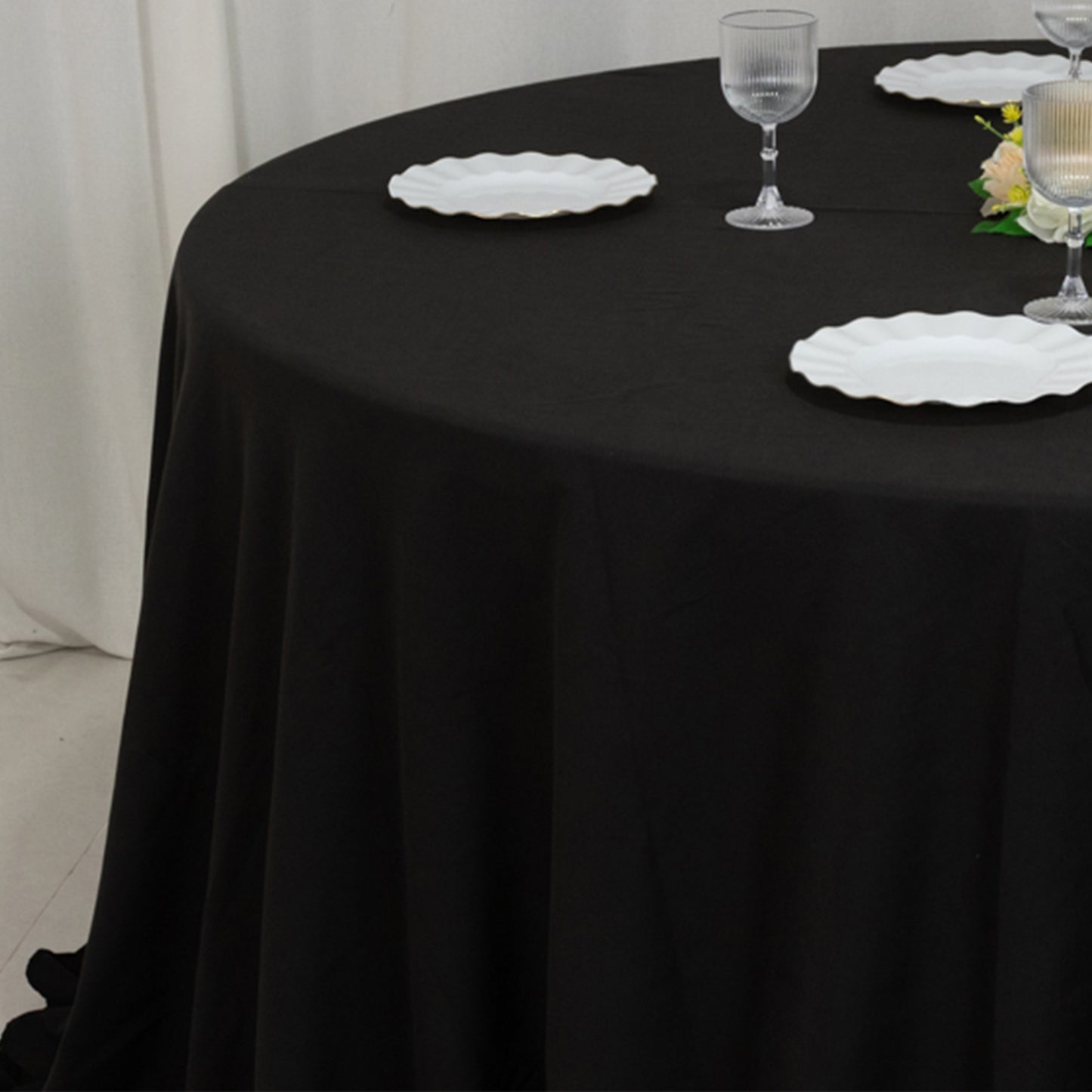 132" Black Cotton Blend Round Tablecloth Seamless for 6 Foot Table With Floor-Length Drop