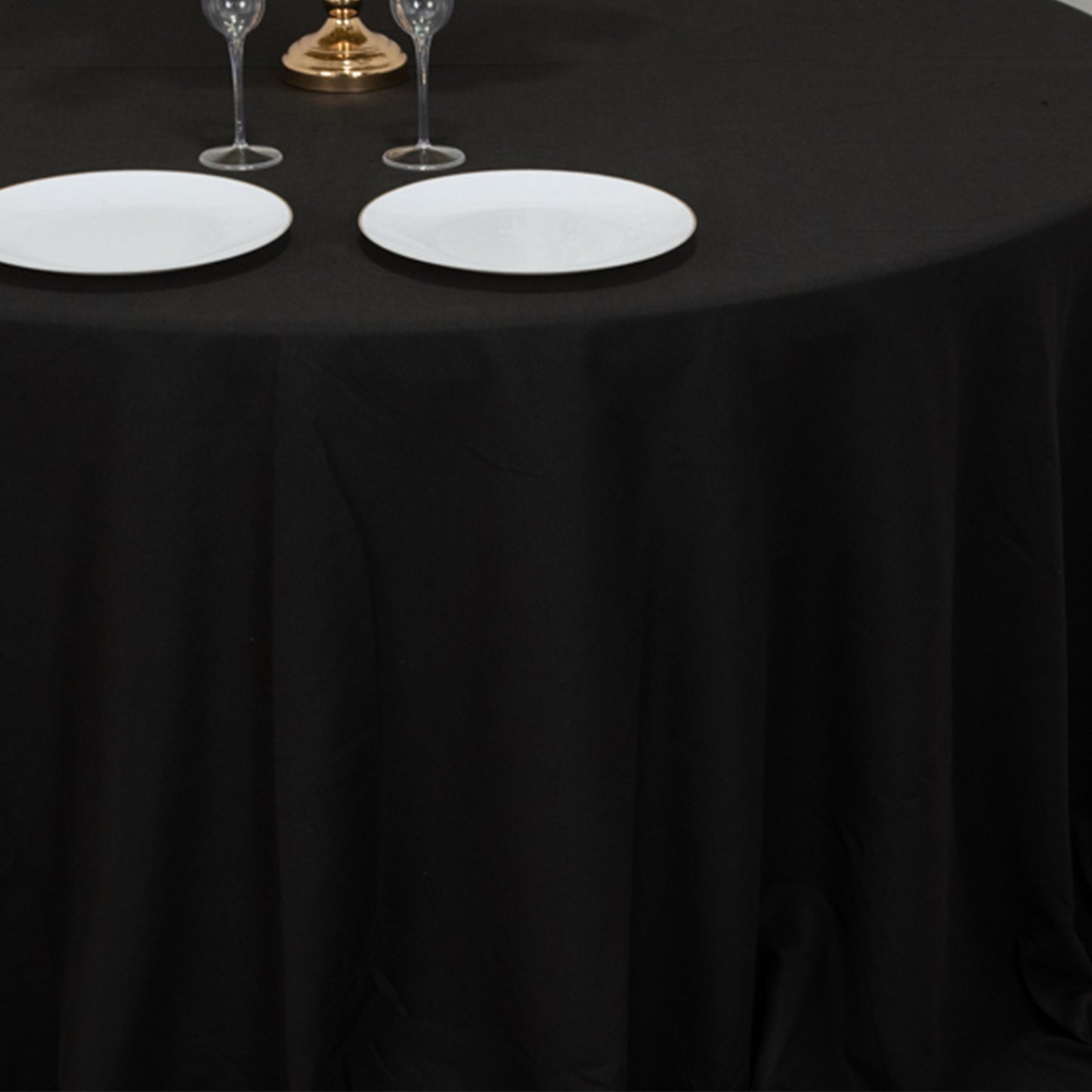 132" Black Cotton Blend Round Tablecloth Seamless for 6 Foot Table With Floor-Length Drop