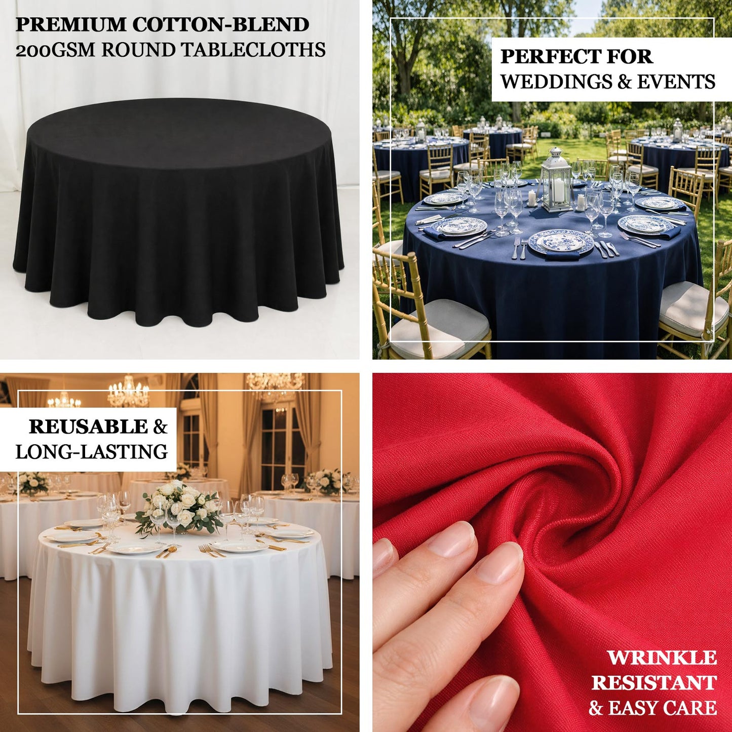 Navy blue seamless round tablecloth for 6-foot table with floor-length drop.