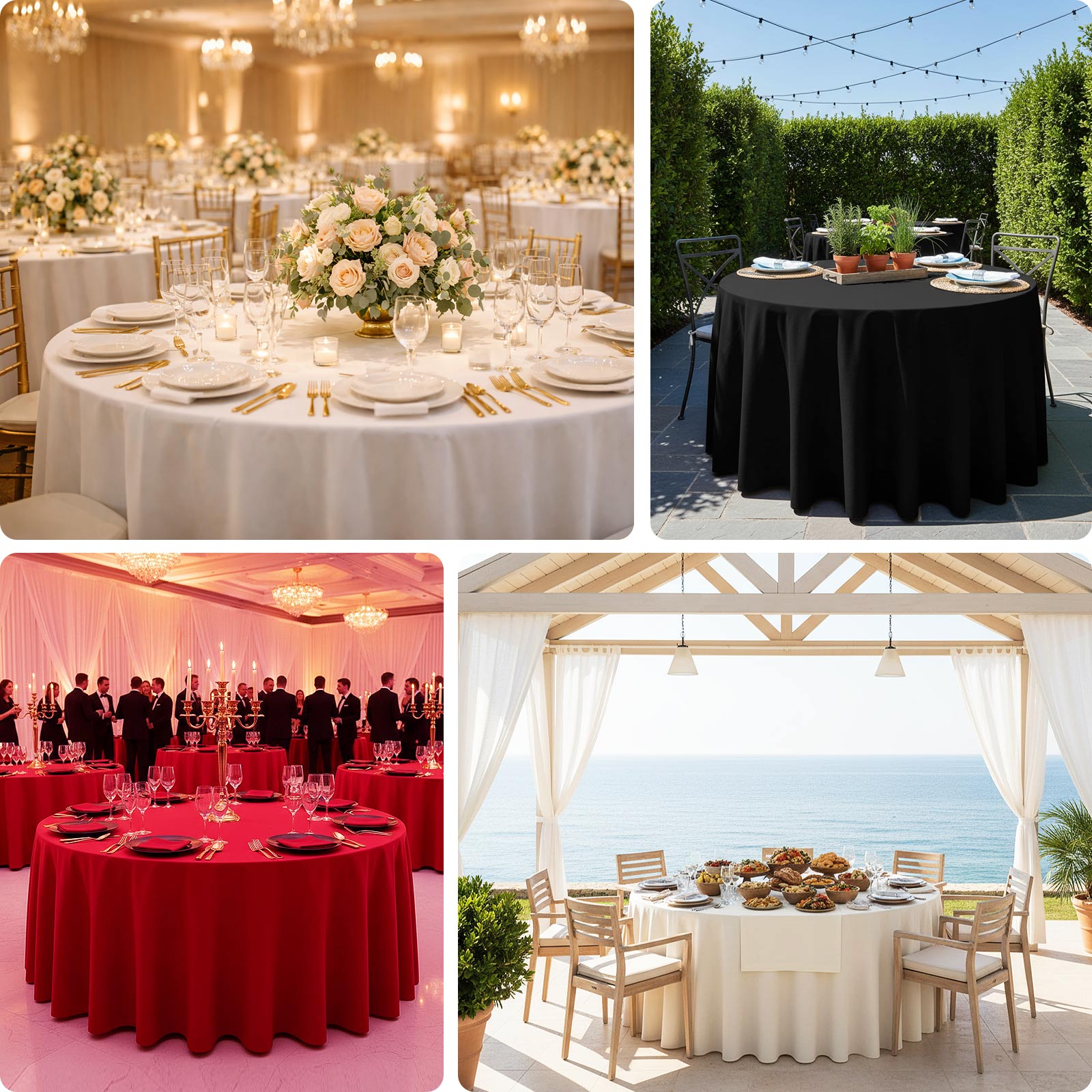 Ivory cotton blend round tablecloth for a 6-foot table with floor-length drop.