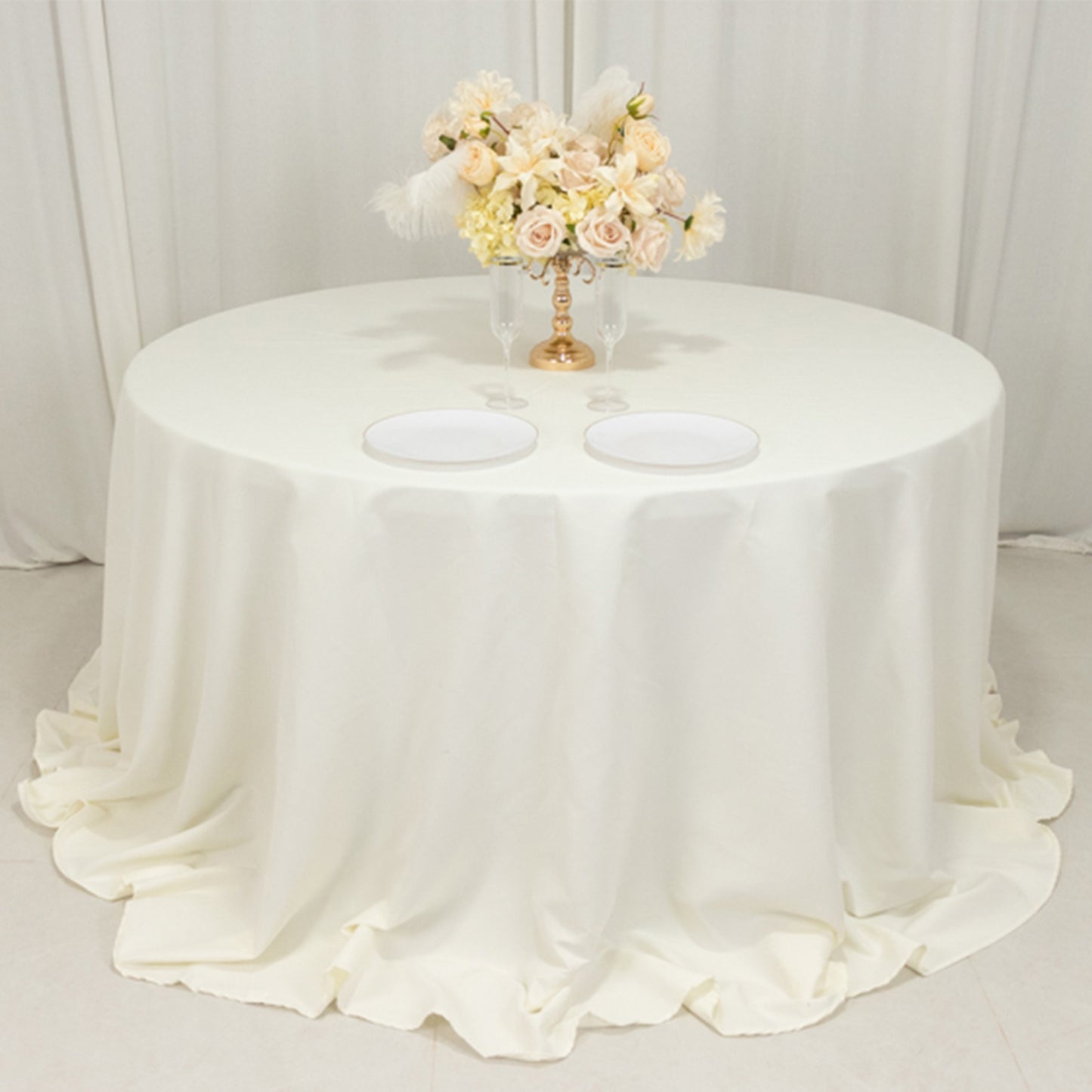 132" Ivory Cotton Blend Round Tablecloth Seamless for 6 Foot Table With Floor-Length Drop