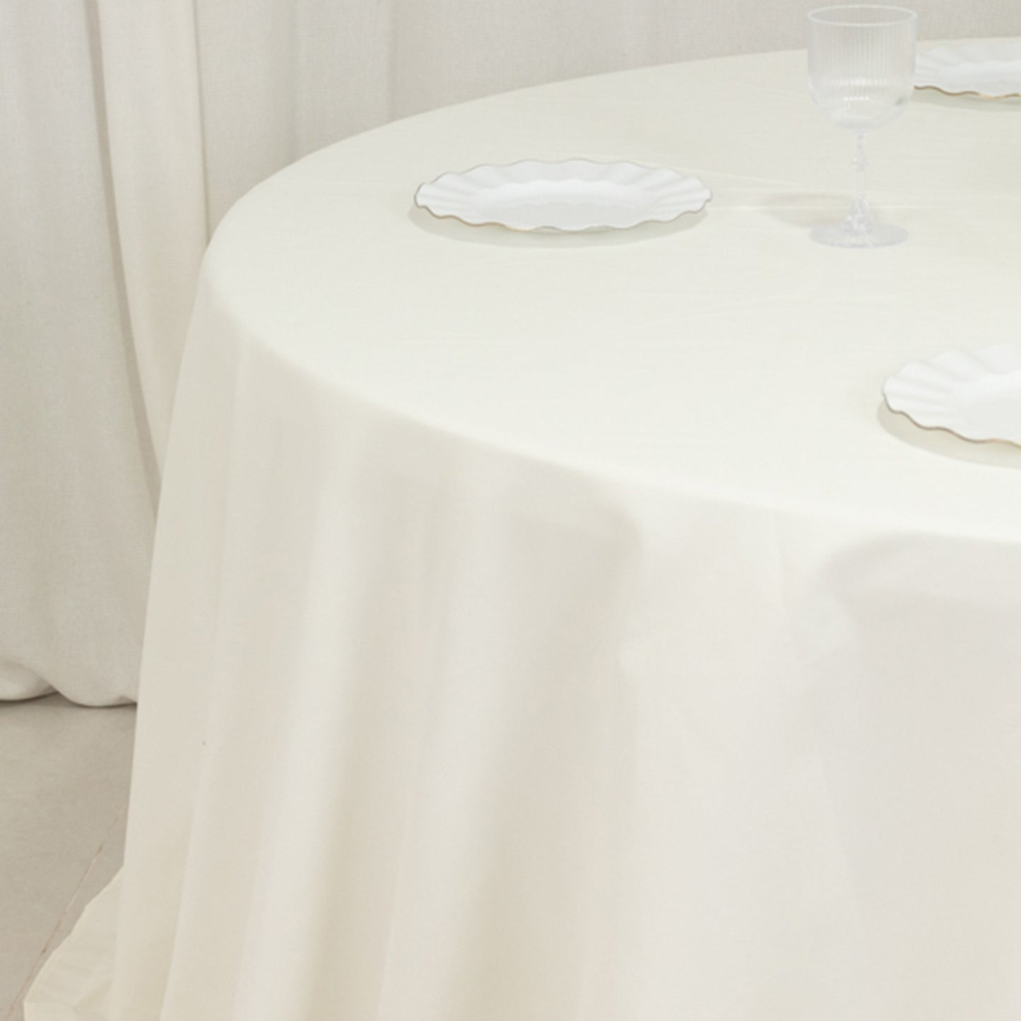 132" Ivory Cotton Blend Round Tablecloth Seamless for 6 Foot Table With Floor-Length Drop
