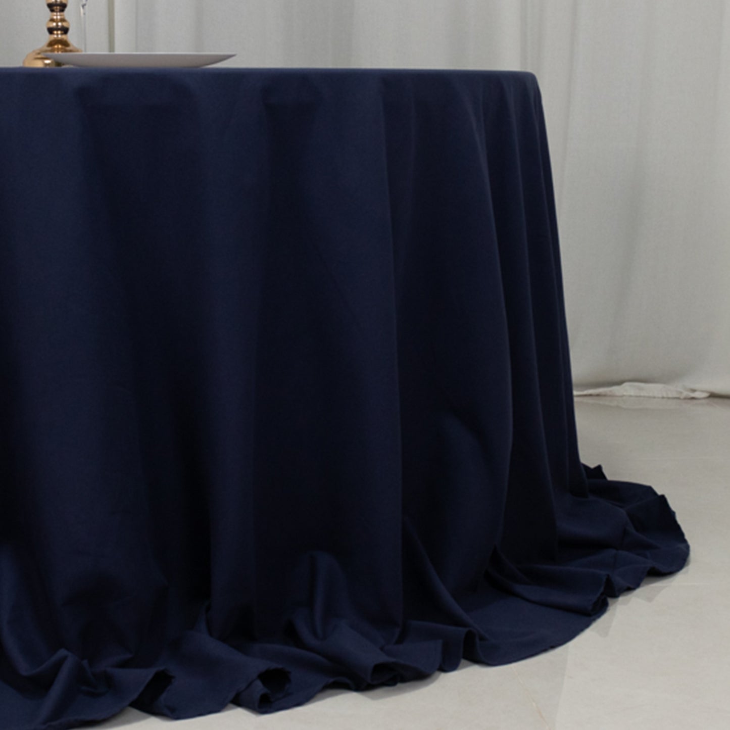 132" Navy Blue Cotton Blend Round Tablecloth Seamless for 6 Foot Table With Floor-Length Drop