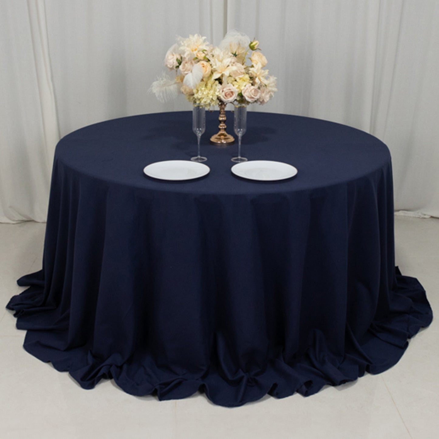 132" Navy Blue Cotton Blend Round Tablecloth Seamless for 6 Foot Table With Floor-Length Drop