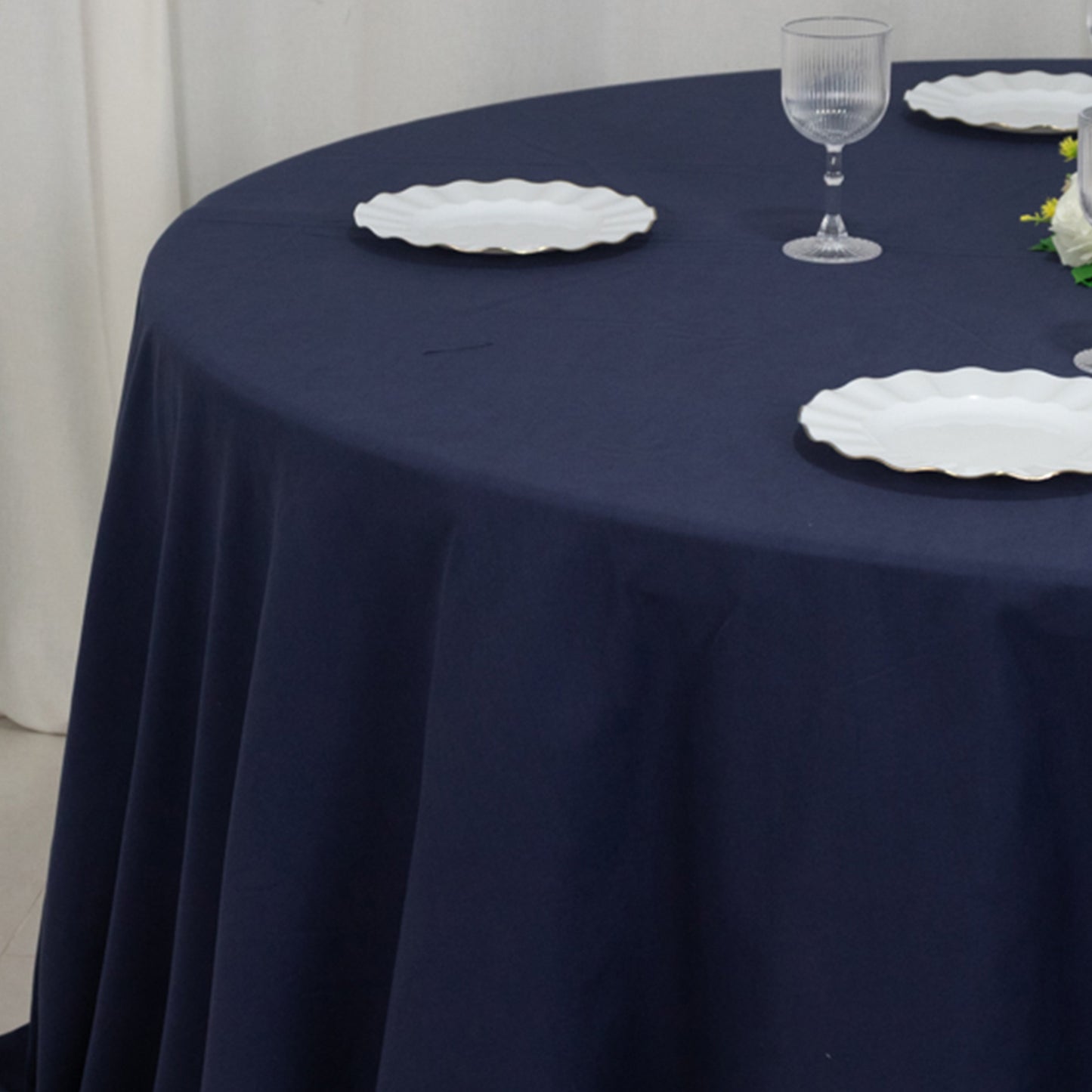 132" Navy Blue Cotton Blend Round Tablecloth Seamless for 6 Foot Table With Floor-Length Drop