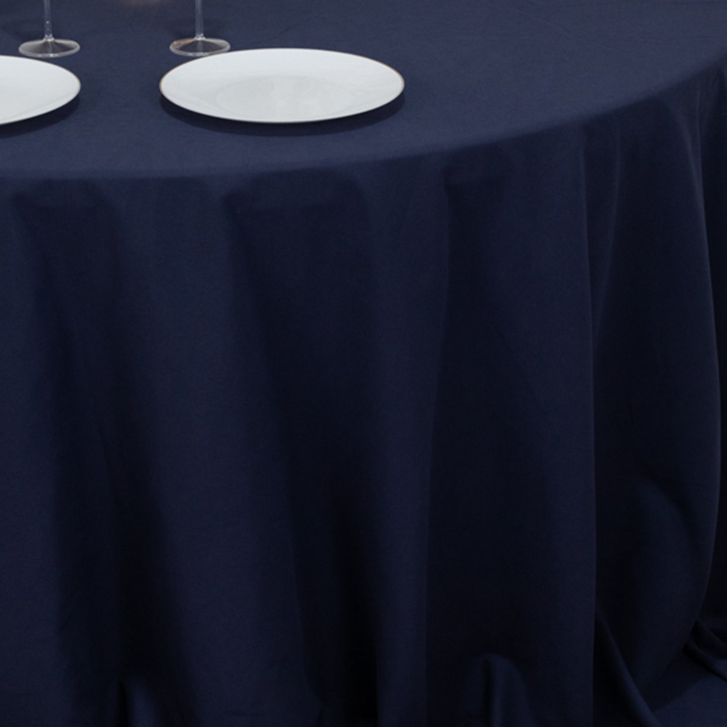 132" Navy Blue Cotton Blend Round Tablecloth Seamless for 6 Foot Table With Floor-Length Drop