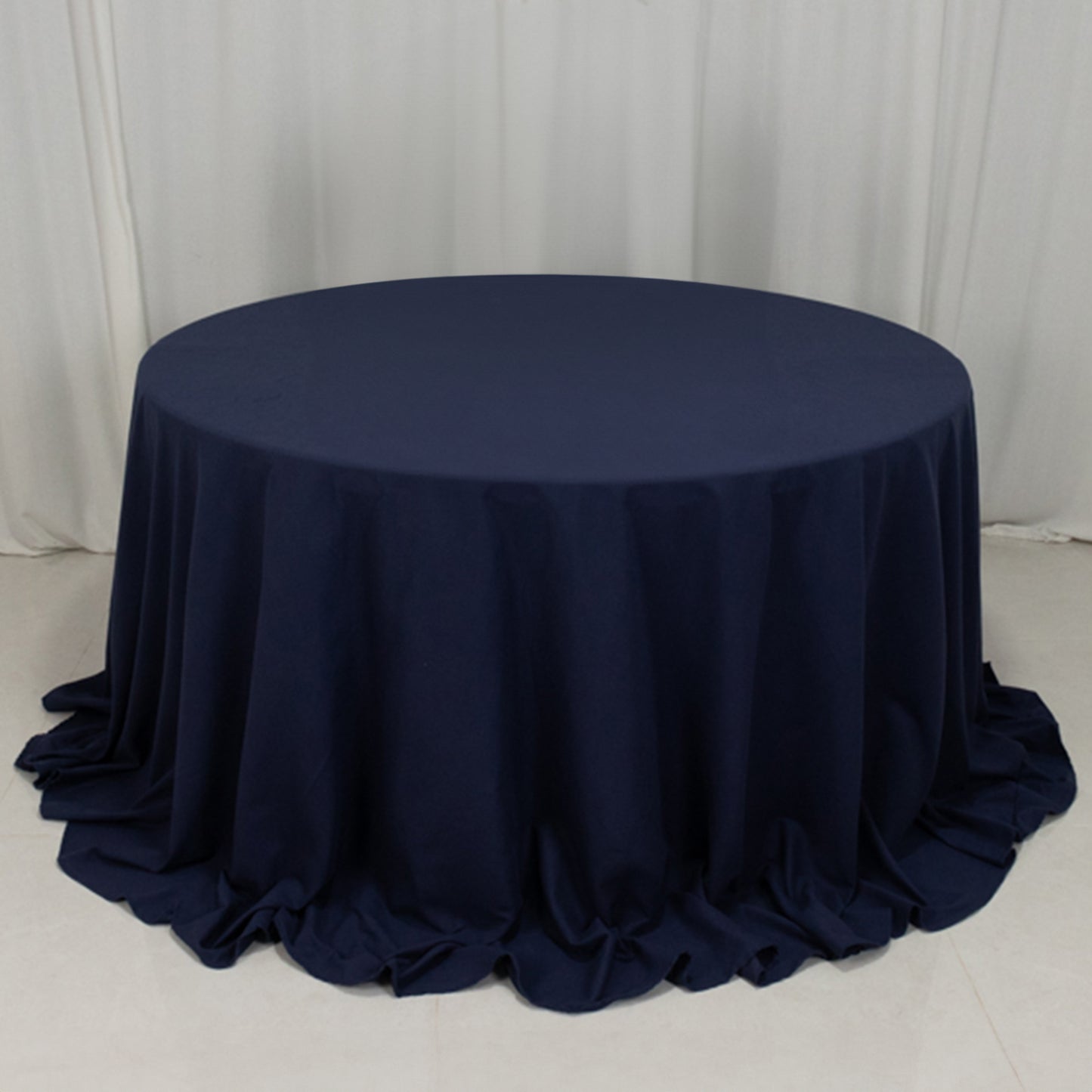 132" Navy Blue Cotton Blend Round Tablecloth Seamless for 6 Foot Table With Floor-Length Drop